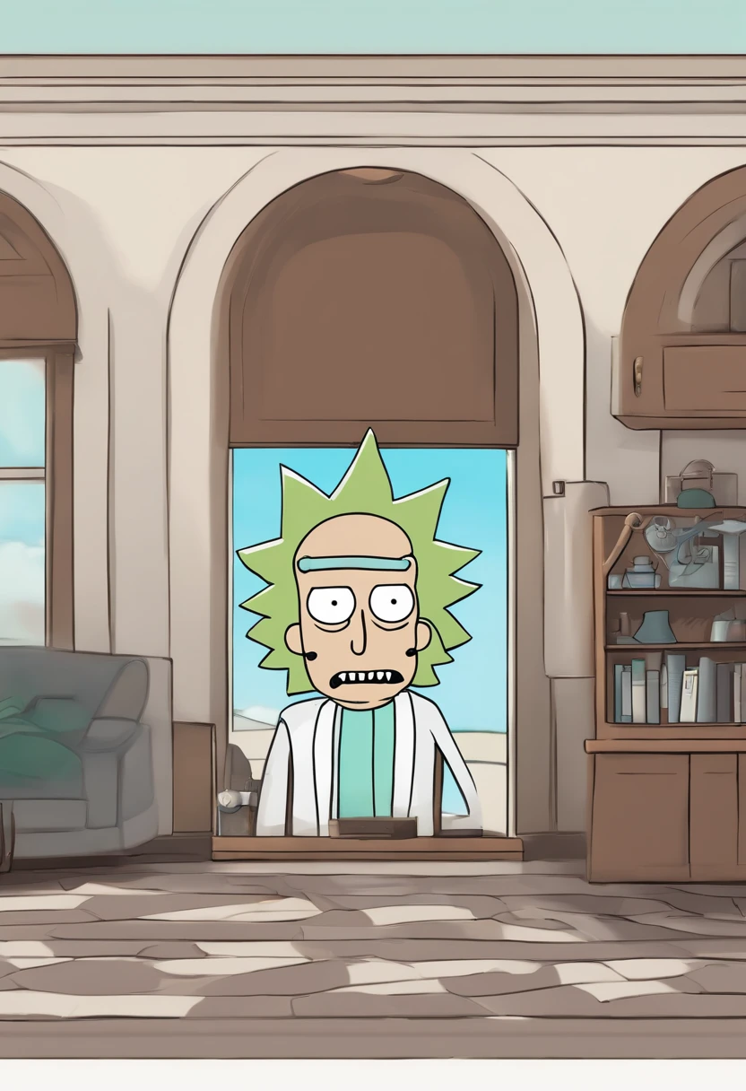 pixarstyle um retrato na altura da cintura do personagem Rick Sanchez do seriado Rick and Morty em um jaleco branco, sorriso, s office, textura natural da pele, texturas 4k, hdr, intrincado, altamente detalhado, foco nítido, cinematic visual, hiperdetalhado, oculos quebrado, fundo de garrafa, desenho infantil