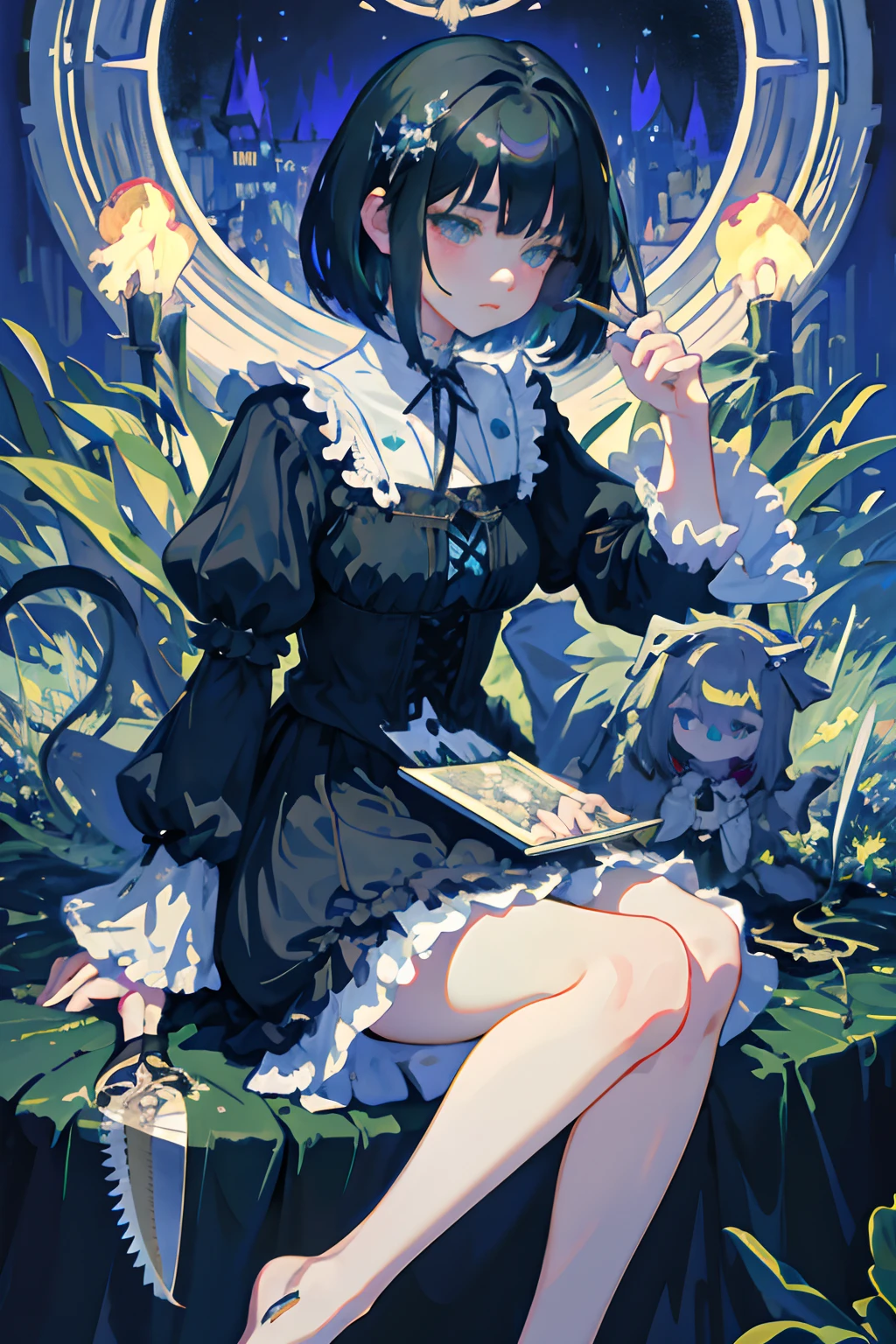 Knees,hand between legs,child,(masterpiece,Highest Quality),shortsleeves,Blue-green Gothic Lolita,Sleepy face,A dark-haired,Medium bob,utility knife,Scissors,Aurora,starrysky,dark clouds, Night, (Impressionism:1.4), , Alphonse Mucha,tarot