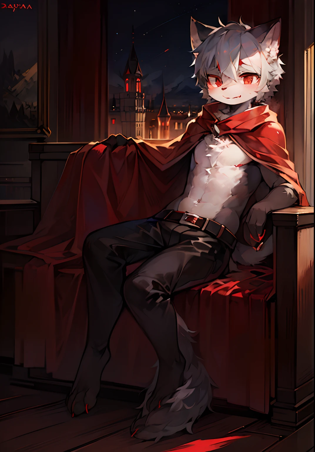 (dark environment:0.8),masterpiece, high quality, absurd res, digital painting \(artwork\), by dagasi, yupa,kiyosan,(anthro,fluffy fur,character focus:1.1),anthro male cat,short hair,portrait, bright eyes,panorama,character focus.(detailed background:0.7),solo,furry,furry male ,male focus,anthr,(Full body fur, fluffy tail, white fur,red eyes,gray hair:1.2),(long canines,vampire, cape:1.2),(interior,night, castle, coffin:1.1)penis