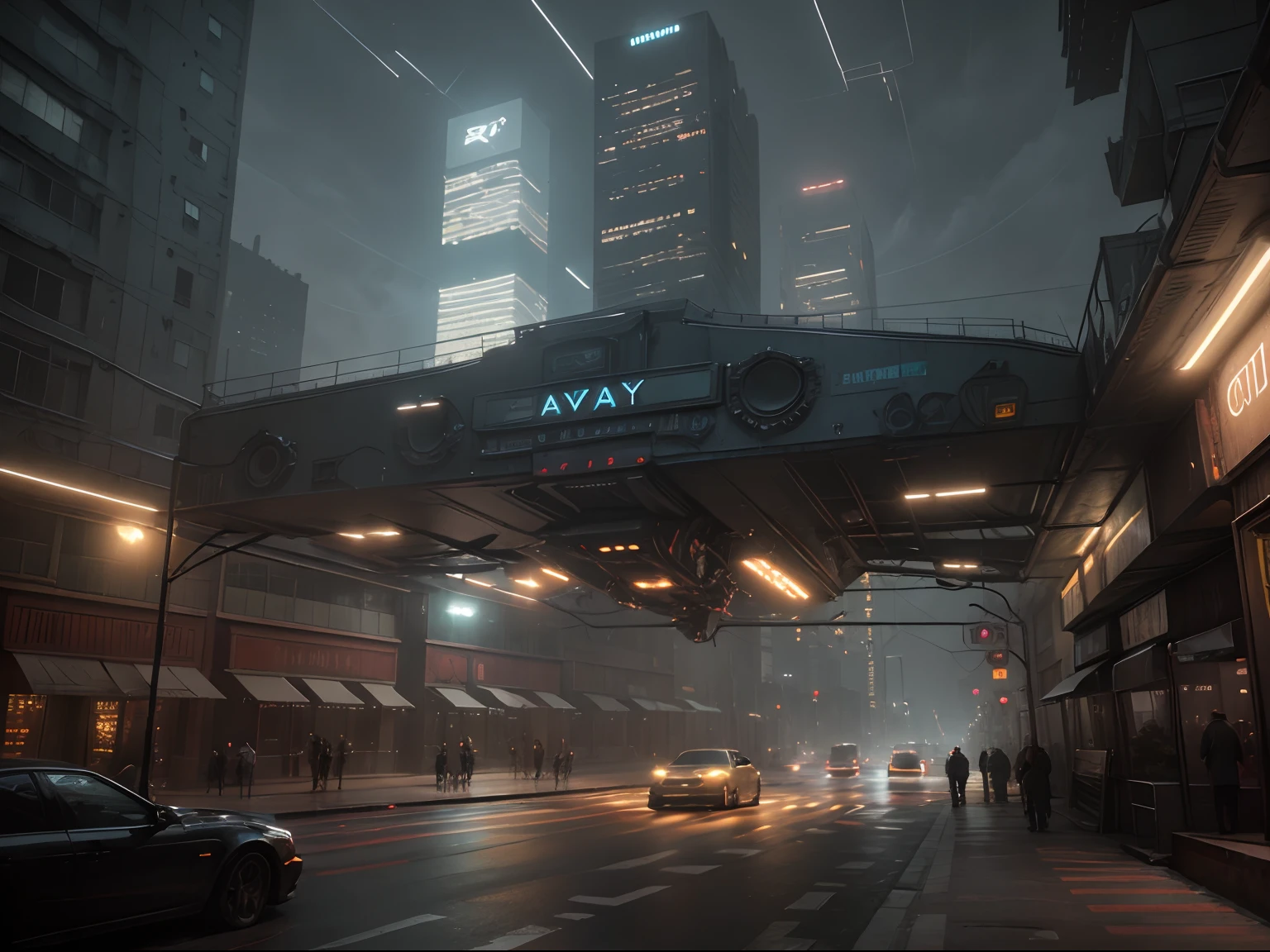 Cyberpunk cityscape street scene with towering skyscrapers, glowing neon signs and LED lights, traffic with futuristic cyberpunk cars and ((flying cars in the sky)), dark atmosphere, cinematic lighting, extremely detailed.