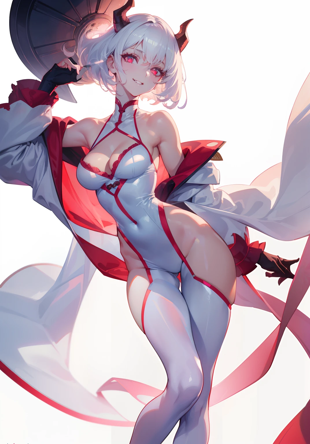 DETAILED, DENSE, MASTERPIECE, one girl, beautiful,  22 years old, smooth skin, glowing skin, glowing hair, clear eyes, glowing eyes, red eyes, soft lips,(viewer Looking down: 0. 8) smiling slightly, cheeks stained, mouth open, one girl, soft skin, large breasts, glowing skin, (Masterpiece: 1.0), (Realistic: 1.6), (Soft Focus: 1.5), albino, white hair, horns, full body, big lips, sexy face, sharp eyes, grin, skinny waist, ((white background)), (((skinny waist))), pastel pink jacket, peace sign