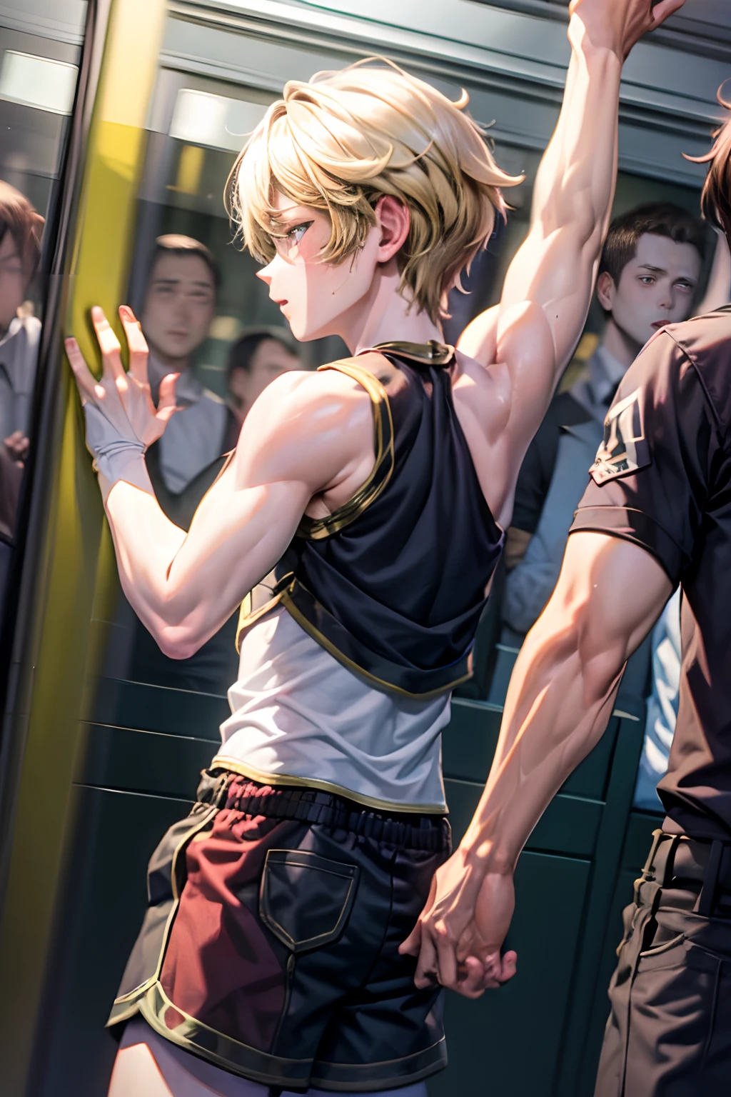 grasp、、12-year-old blonde short-haired boy in tank top grabs butt on bus、Raising arms to show armpits、shortpants、Beautiful Boys１a person、Fat uncle touching boy's ass１a person、Grabbing the buttocks、molesting、Touching your buttocks on the bus、夏天、red blush、