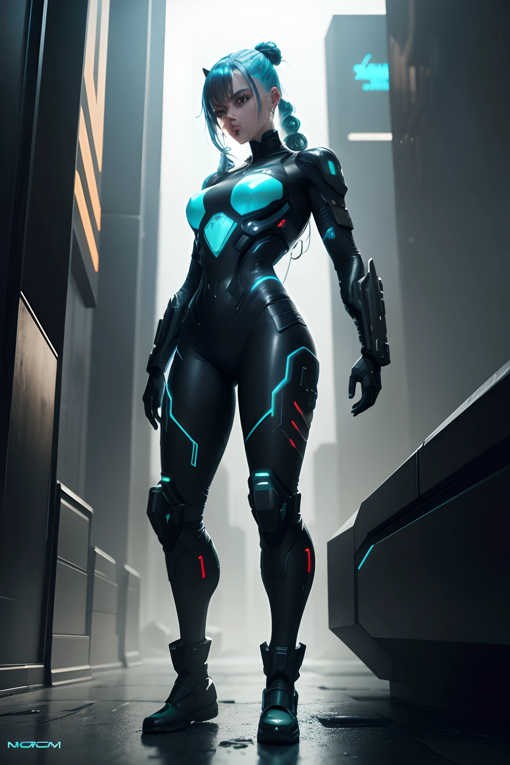 A woman in a futuristic suit standing in a dark alley - SeaArt AI