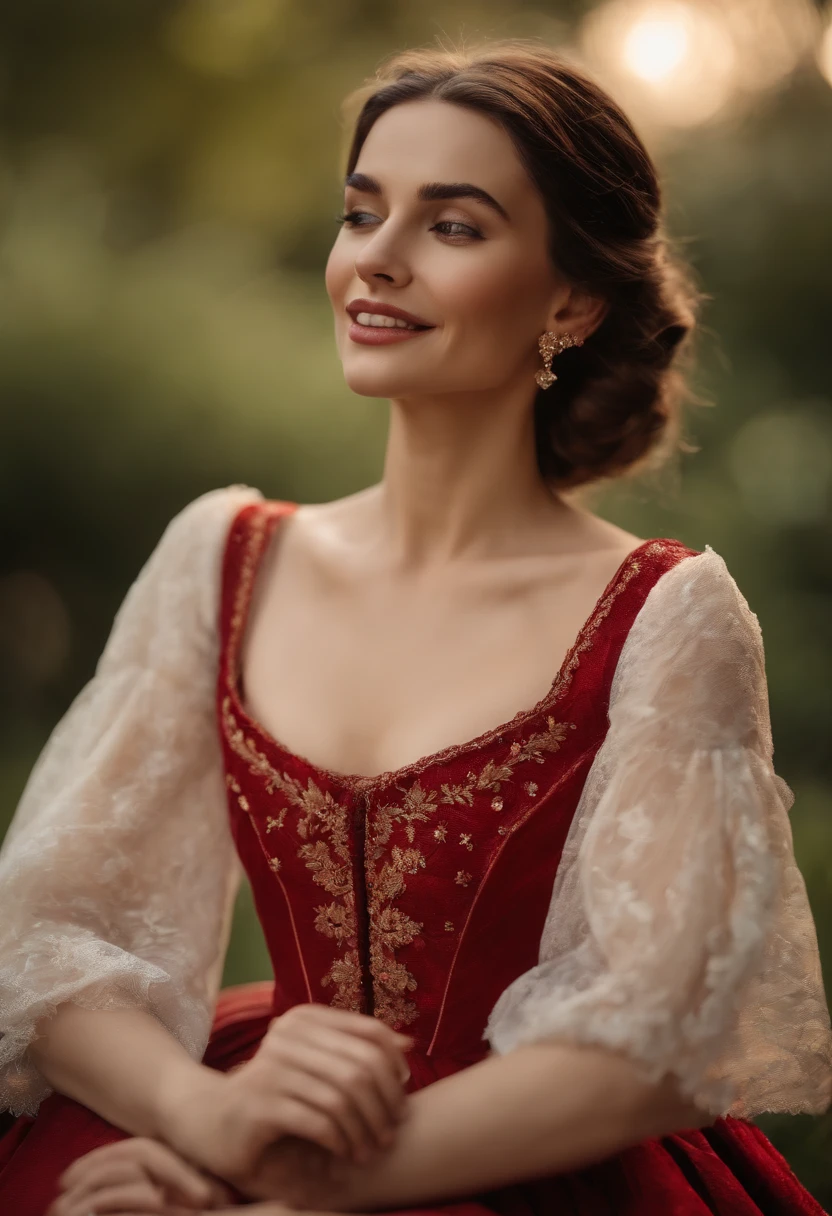 belle jeune femme, brune, hair tied up, ultra realist, very high quality, yeux clairs, souriante, light makeup, traits fins, en robe rouge et or, broderie, precious stones, décolleté, dentelles, en pieds, debout, peau blanche, corps entier, dans un jardin