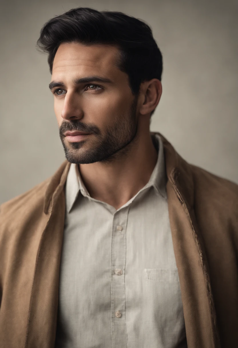an incredibly handsome and hot young man aged 37 with short dark black hair and brown eyes, angular jaw, box face, stubble beard, tall and lean, wearing a casual shirt and a cap. dark grey background and studio lighting, yearbook pose, character close-up, character headshot portrait, character close-up.