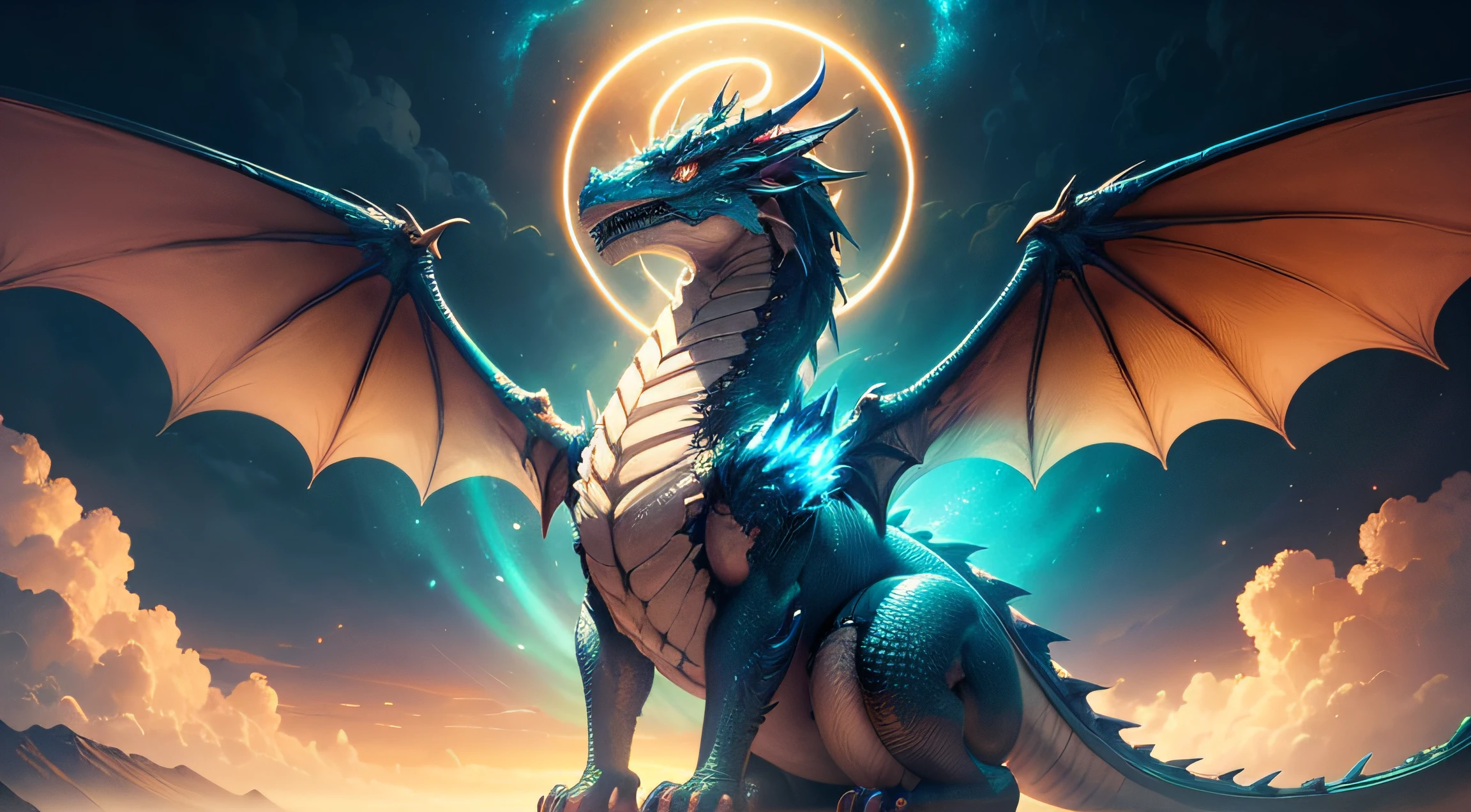 In a mystical realm, a majestic dragon sets a halo to the light of heaven. The scene is captured with the finest quality and attention to detail, creating a masterpiece. The dragon's scales glimmer with ultra-detailed texture, showcasing the intricate patterns and vibrant colors. Its eyes are mesmerizing, with a piercing gaze that reflects wisdom and power. The dragon's wings unfold gracefully, displaying a stunning display of colorful feathers. The halo, floating above the dragon, radiates a celestial glow, casting a warm and ethereal light onto the surroundings. The landscape, consisting of lush green mountains and cascading waterfalls, adds to the enchanting atmosphere. The art style combines elements of fantasy and realism, blending digital illustration with traditional painting techniques. Vivid colors and vibrant hues enhance the magical ambience, creating a captivating visual experience. The lighting is expertly crafted, with soft rays of light streaming through the clouds, illuminating the dragon and the halo with a heavenly glow. This prompt embraces the spirit of awe and wonder, inviting the viewer to immerse themselves in a world of mythical beauty.