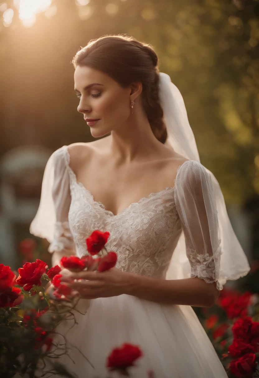 belle jeune femme, brune, hair tied up, ultra realist, very high quality, yeux clairs, souriante, light makeup, traits fins, en robe rouge et or, broderie, precious stones, décolleté, dentelles, en pieds, debout, peau blanche, corps entier, dans un jardin