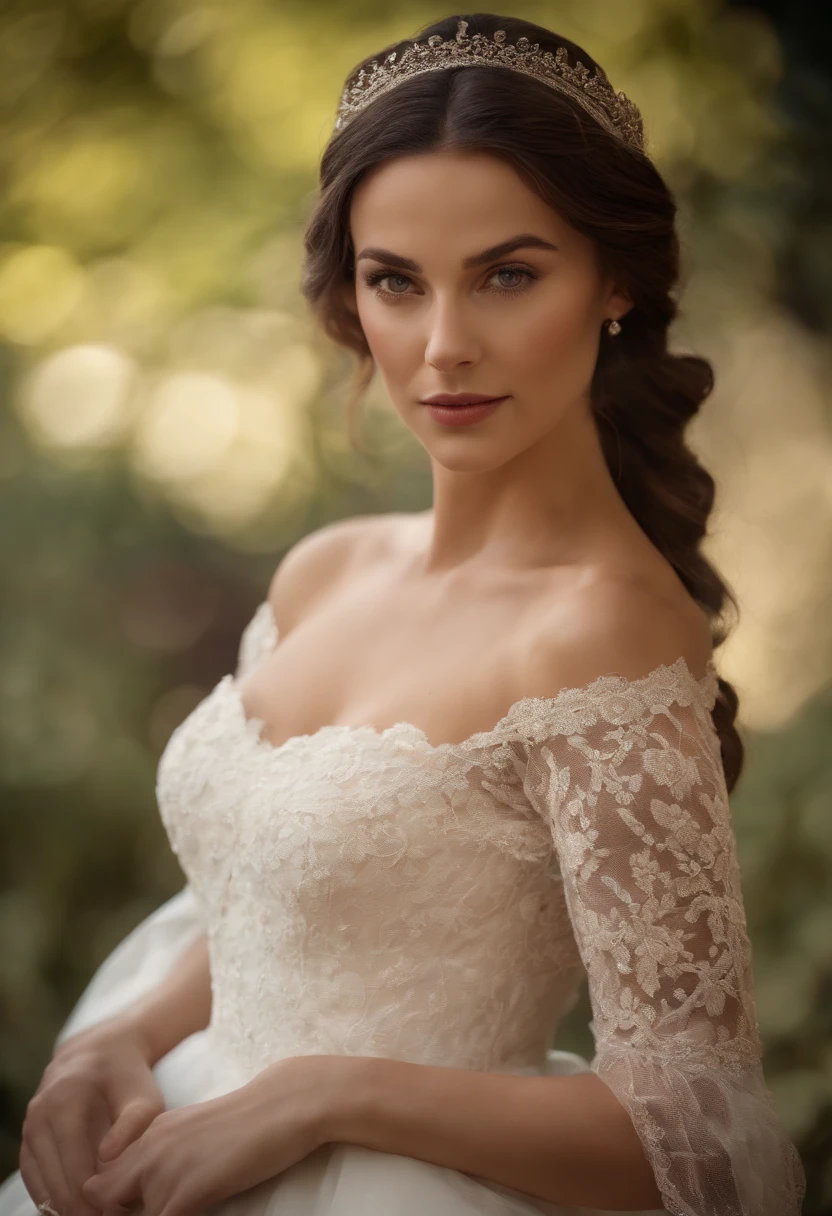 belle jeune femme, brune, hair tied up, ultra realist, very high quality, yeux clairs, souriante, light makeup, traits fins, en robe rouge et or, broderie, precious stones, décolleté, dentelles, en pieds, debout, peau blanche, corps entier, dans un jardin
