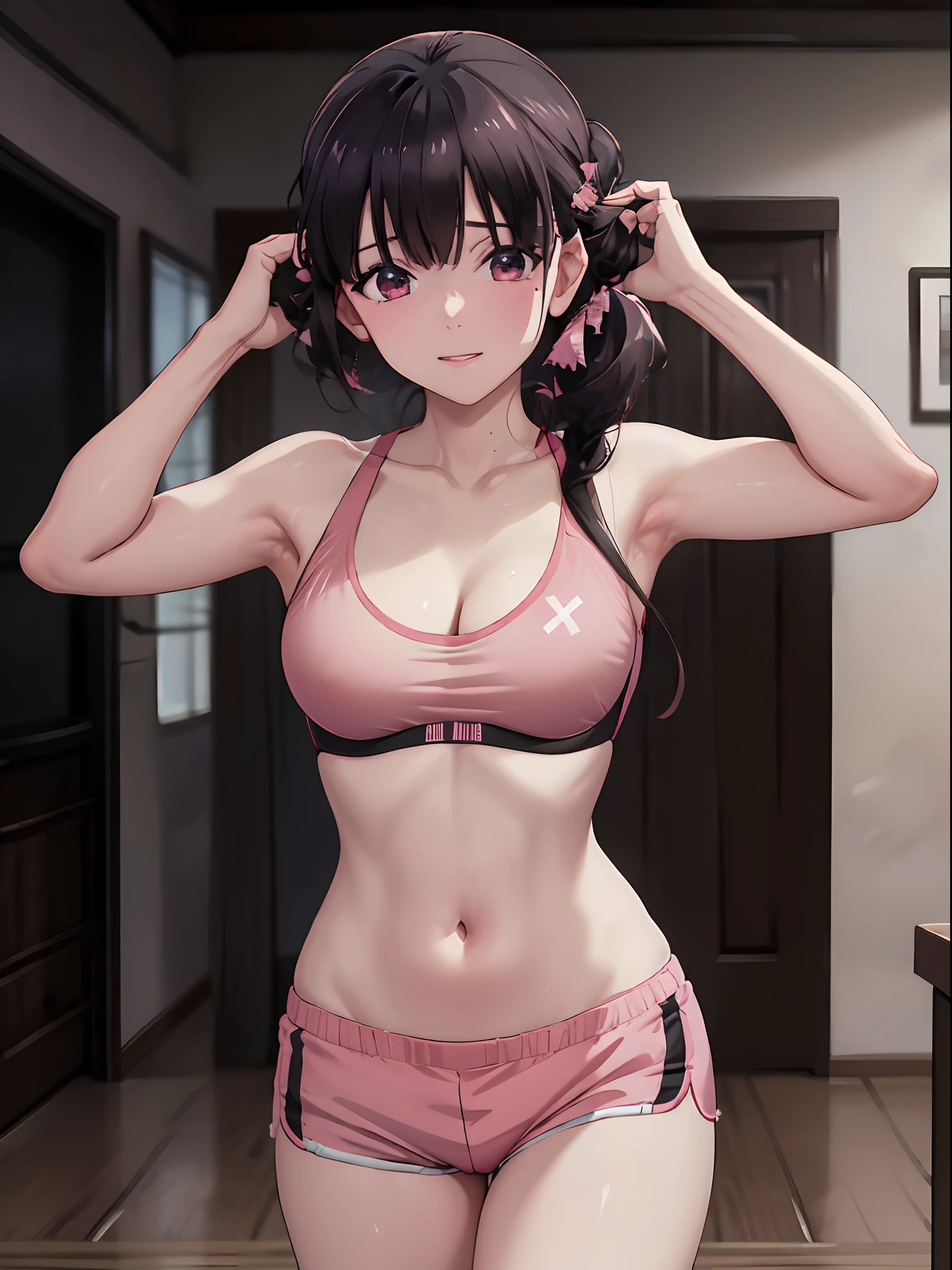 (masterpiece, best quality:1.2), highres, high resolution, MiyoSaimori, 1girl, solo, smile, teeth visible, (hair tied up), ((pink sports bra)), midd riff, shorts, running shorts, ((black running shorts)), indoors, gym, blur bacground, bangs, (medium breast), cleavage, looking at viewer, cinematic lighting, perfect fingers, perfect anatomy, beautiful face, alluring face, extra detailed face, award winning quality, blur background, ((masterpiece)), high quality, hands on hip, dynamic pose, (cowboy shot)