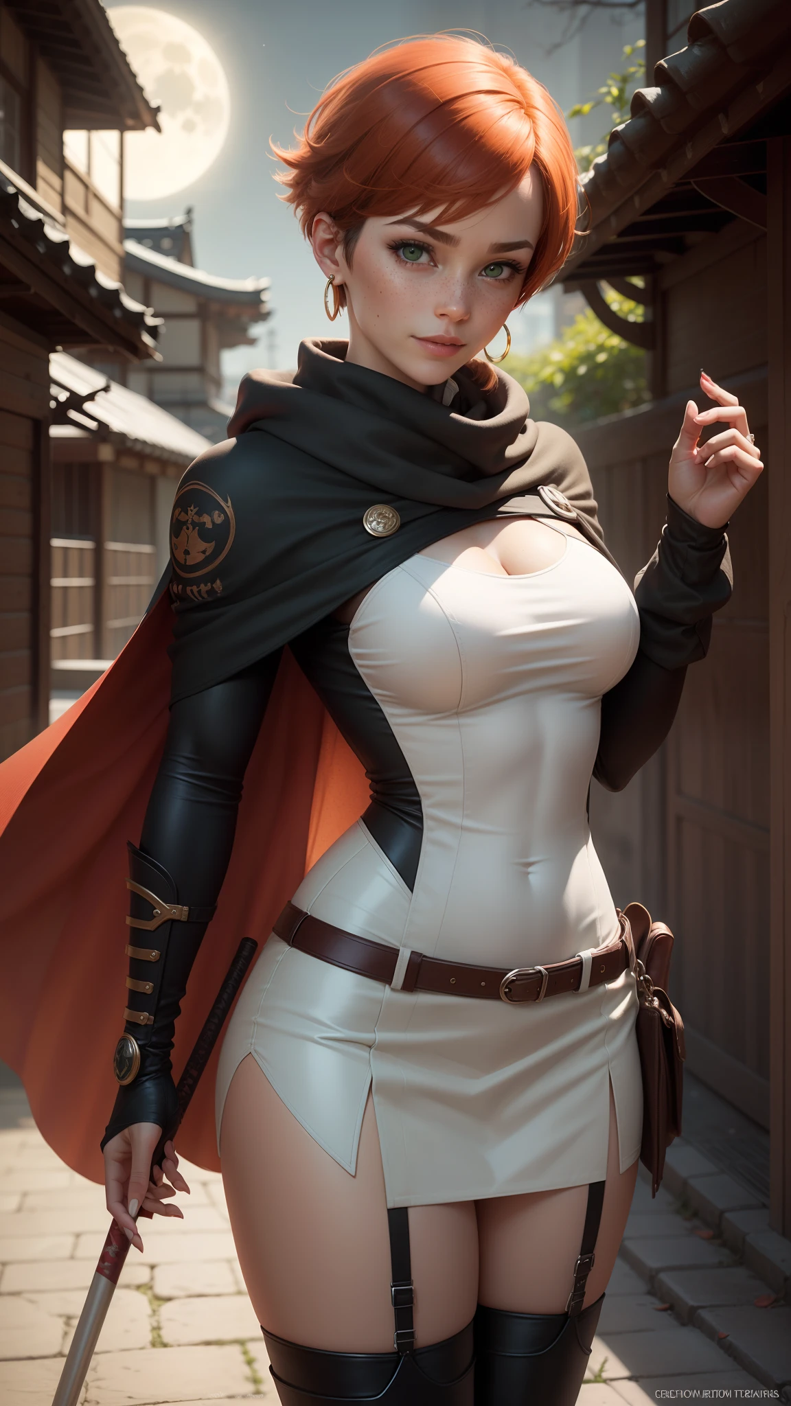 gwen tennyson,tracer,yorha 2b,rebecca chambers,samurai outfit,japan,steel armor,ager,green eyes,garter belt, thigh high boots,short hair,orange hair,moonlight,cherry blossom,shy smile,white striped top,bodycon skirt, kimono,freckles,redhead,beautiful girl,large breasts,ultra detailed,realistic, ninja scarf,short ninja cape,holding a spear,small earrings,close up,