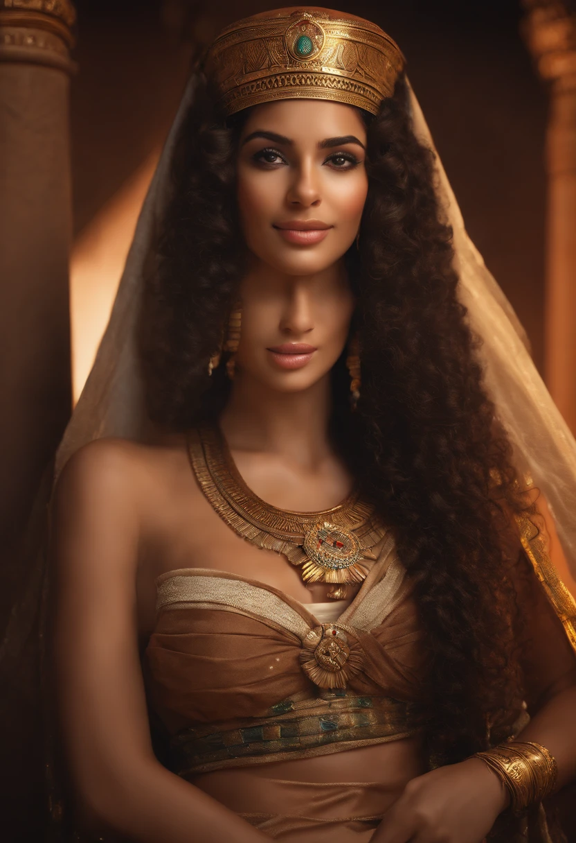 Beautiful pharaonic ancient egyption wiman Medium view, medium shot, depth of field, bust, upper body, cinematic angle, masterpiece, best quality, super detailed, CG, 8K wallpaper, beautiful face, delicate eyes, a maiden, solo, smile, bangs, skirt, shirt, hat, dress, bow, petals, bouquet