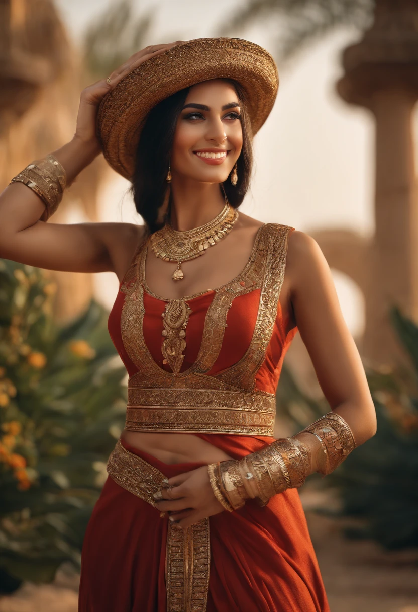 Beautiful pharaonic ancient egyption wiman Medium view, medium shot, depth of field, bust, upper body, cinematic angle, masterpiece, best quality, super detailed, CG, 8K wallpaper, beautiful face, delicate eyes, a maiden, solo, smile, bangs, skirt, shirt, hat, dress, bow, petals, bouquet