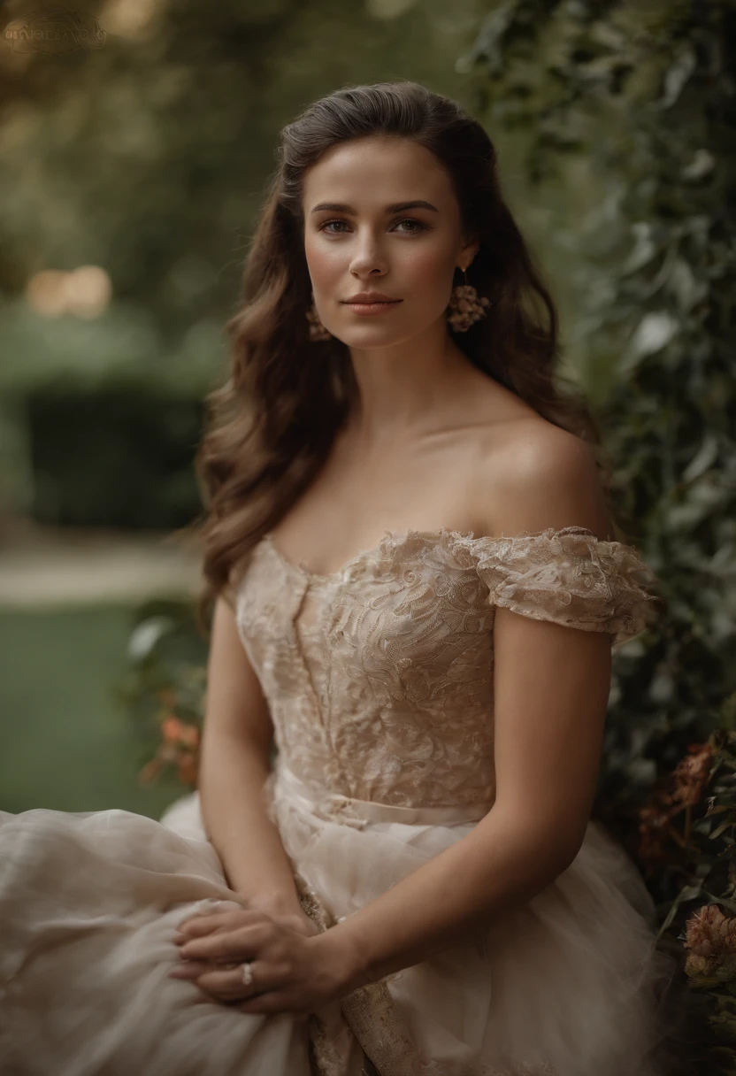 belle jeune femme, brune, hair tied up, ultra realist, very high quality, yeux clairs, souriante, light makeup, traits fins, en robe rouge et or, broderie, precious stones, décolleté, dentelles, en pieds, debout, peau blanche, corps entier, dans un jardin