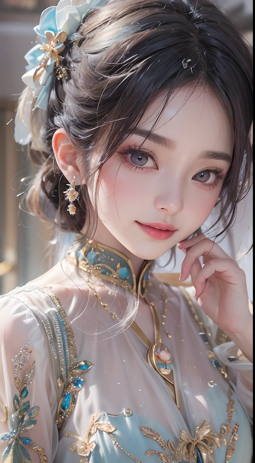 1girll,(enchanced quality:1.4),(Top quality true texture skin), Delicate face,Black hair, Gradient hair, Petite body,(perfect bodies:1.1), There are precious stones on the forehead, rimless eyewears, Sparkling pupils,long eyelasher,grin, The upper part of the body,Face away from the camera,hyper photorealism, Cinematic lighting, projected inset, surrealism, hyper HD, Masterpiece, 16k,dream on,Wear transparent silk pajamas,Fantasy space,Luxurious space