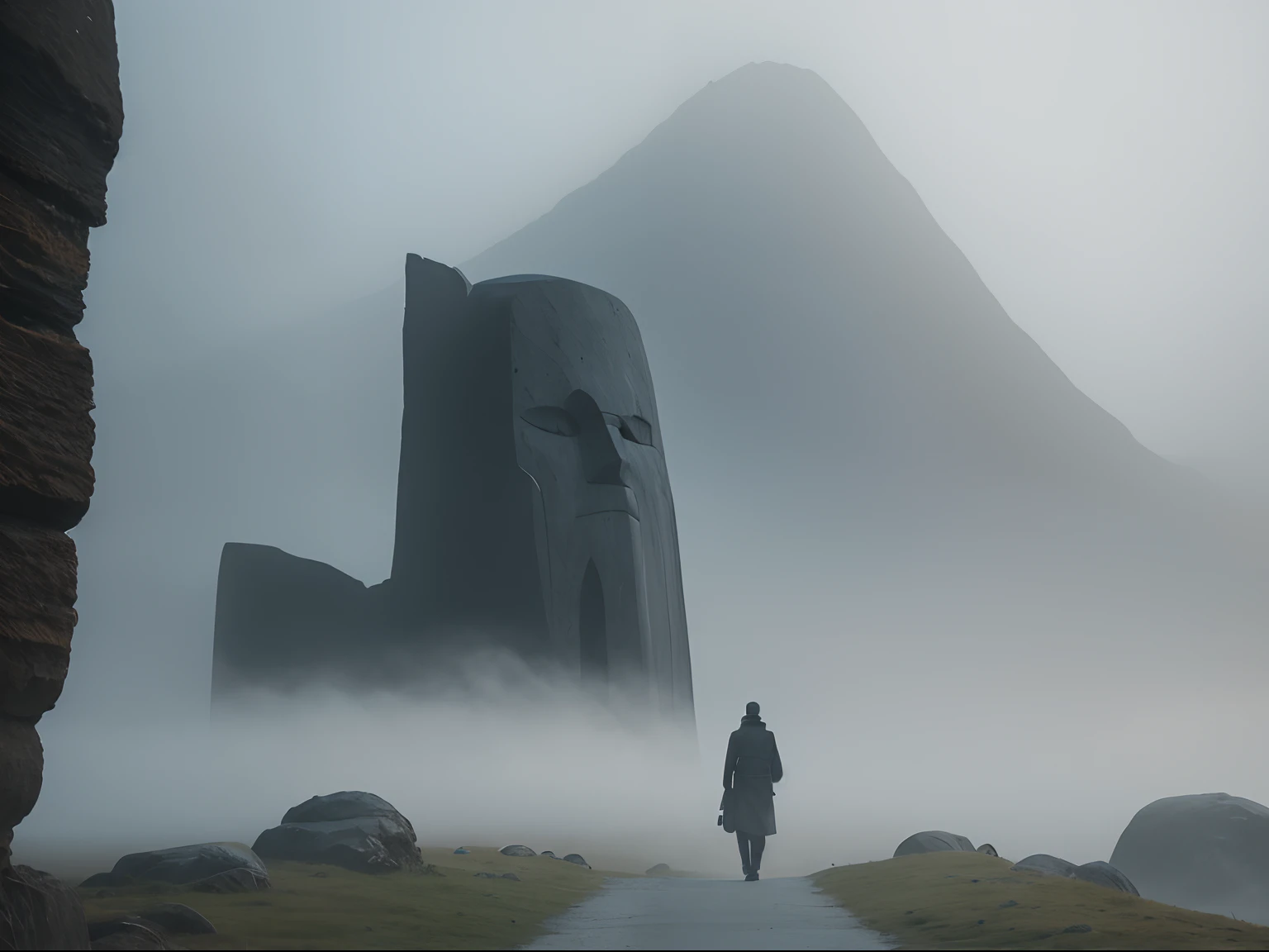 Faint hint of a lonely wanderer walking in the direction of an ridiculous enormously gigantic stone sculpture of a face in the distant mist and fog, cinematic