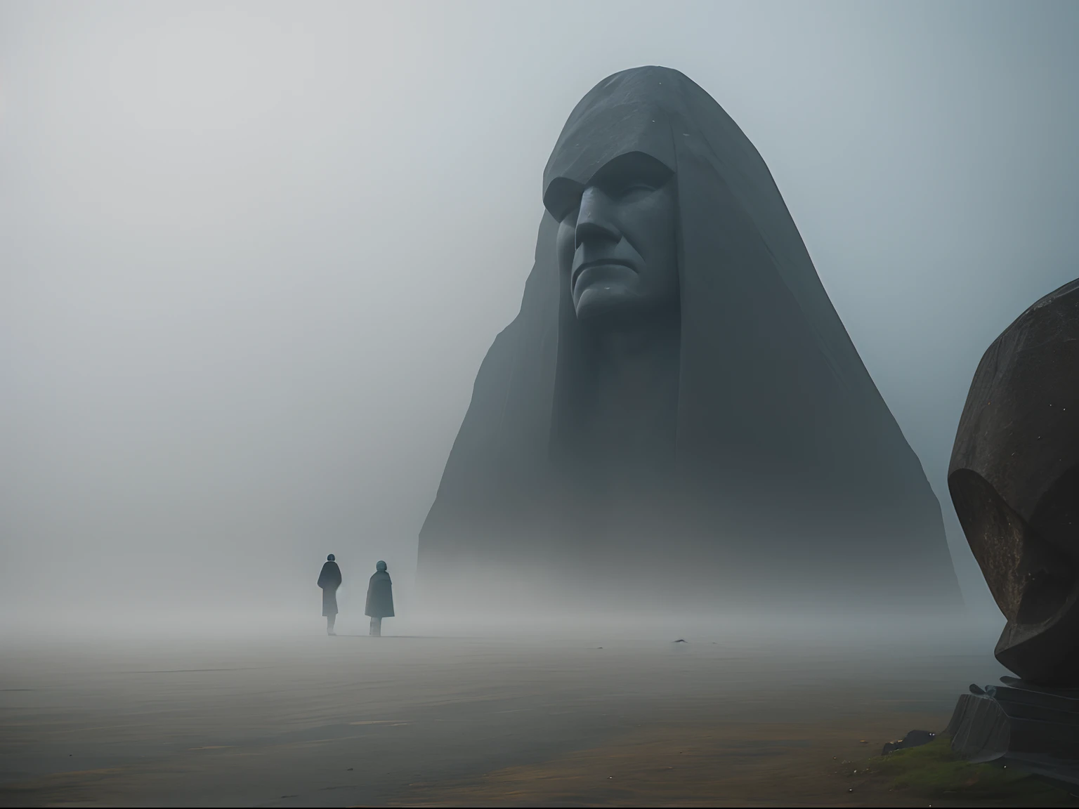 Faint hint of a lonely wanderer walking in the direction of an ridiculous enormously gigantic stone sculpture of a face in the distant mist and fog, cinematic