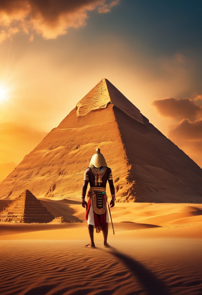 Pharaoh standing in front of the pyramids, Very bright colors, Light particles, with light glowing, Mshiff, UHD wallpaper