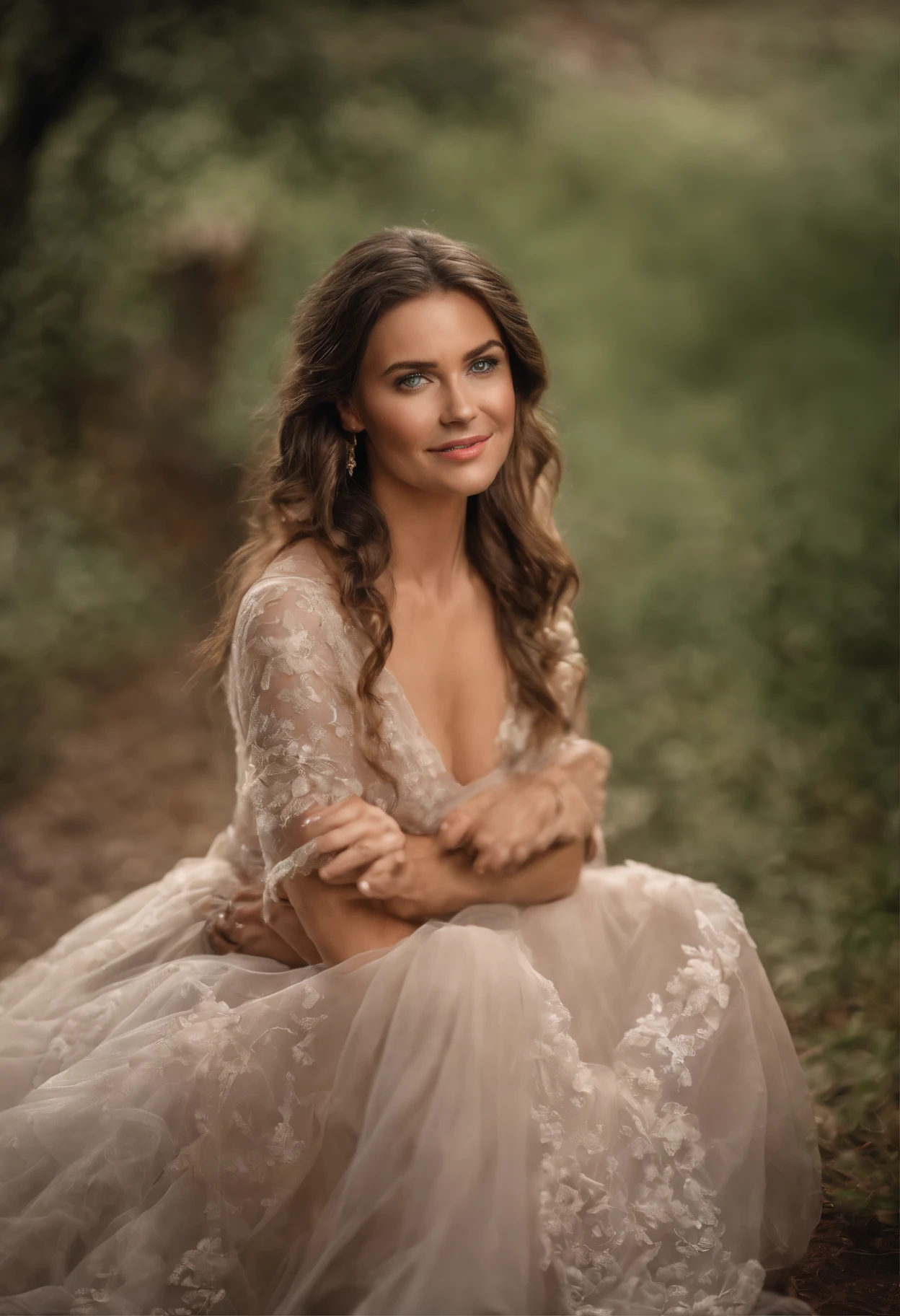 belle jeune femme, brune, hair tied up, ultra realist, very high quality, yeux clairs, souriante, light makeup, traits fins, en robe rouge et or, broderie, precious stones, décolleté, dentelles, en pieds, debout, peau blanche, corps entier, dans un jardin