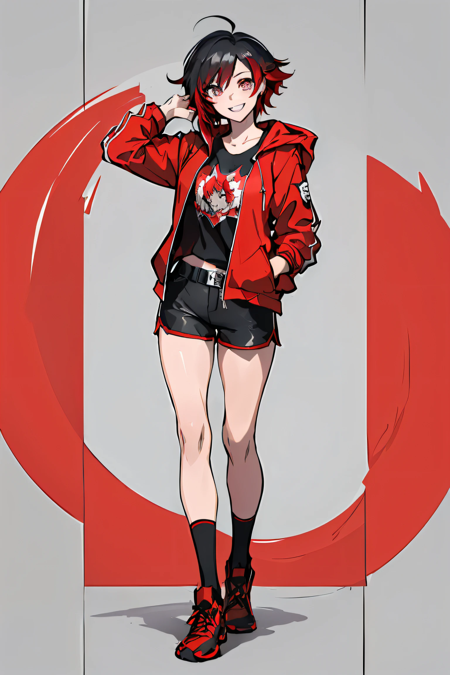 (absurdres, 8k, 4k, masterpiece, hyper extreme detailed:1.2), ((masterpiece,best quality)), absurdres, Ruby_RWBY, solo, looking at viewer, smiling, ruby rose, casualwear, shirt, jacket, hands in pockets, smile, red gradients, black hair, silver eyes, graphic t-shirt, shorts,