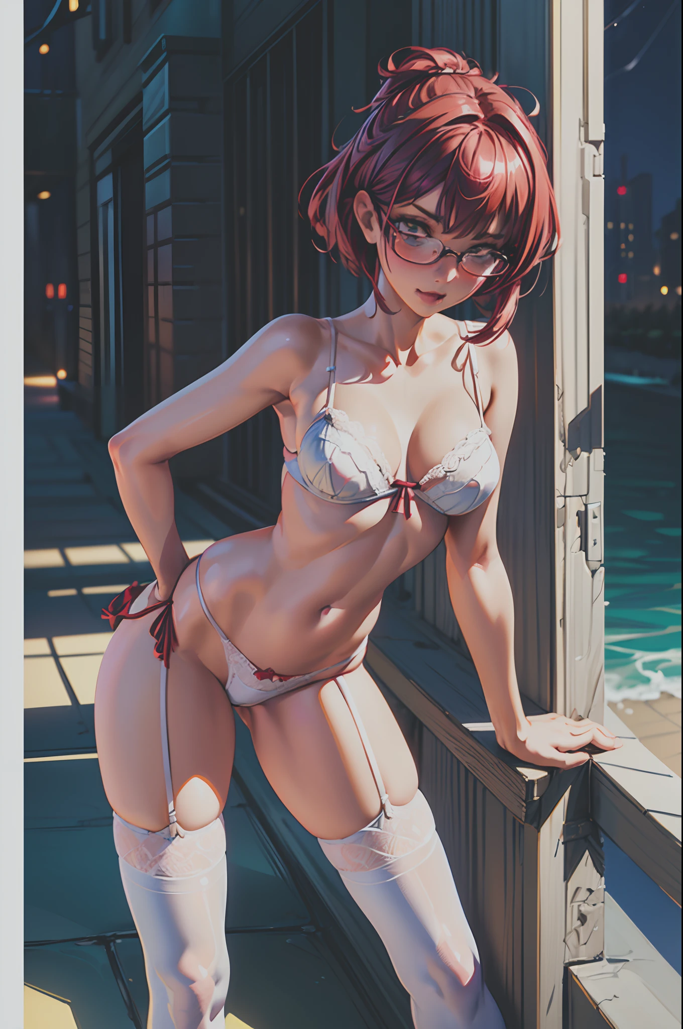 (masterpiece, best quality, supeior quality, intricate details, beautiful, aesthetic:1.2), high quality, 8k, RAW, ultra details, extremely dellicate and beautiful, real shadow, (dark colors:1) (challenging look), (dinamic pose:1.5), photorealistic, highly detailed painting, award winning painting, marvelous painting, artistic style, stylized, glowing aura, full body, 1girl, medium breasts, short hair, small hips, petite, glasses, striped thighhighs, (night:1.5), neon, in a city street, (sexy white lingerie:1.5), (sexy red lingerie:1.5), (pervert face:1.2), pervert.