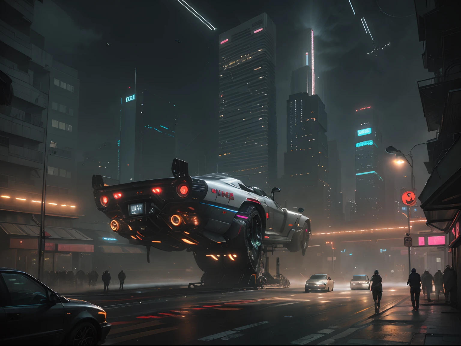 Cyberpunk Blade Runner cityscape street scene with towering skyscrapers, ((glowing neon signs)) and LED lights, traffic with (futuristic cyberpunk cars) and ((flying cars in the sky far above)), bright colors contrasting with dark atmosphere, (cinematic lighting), extremely detailed.