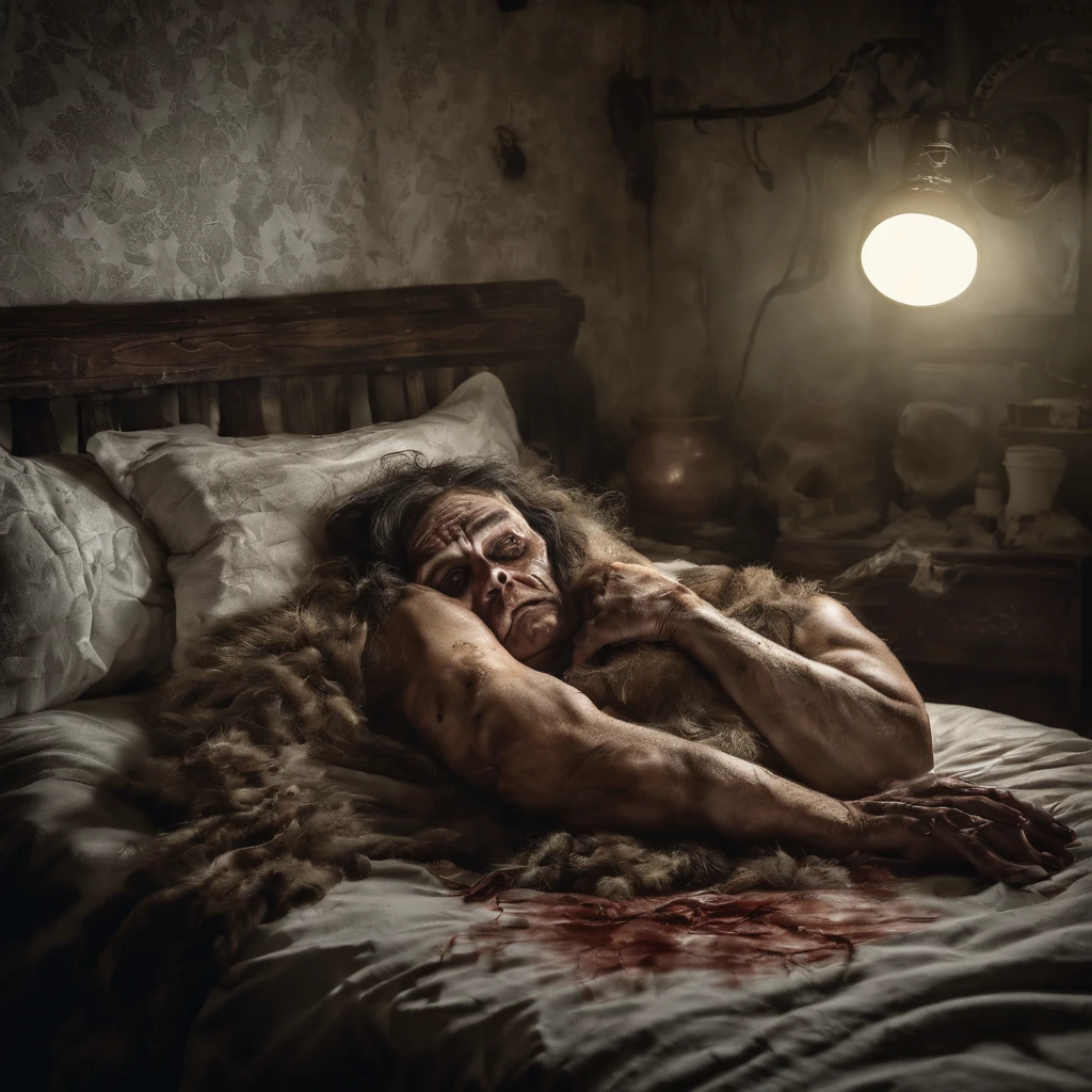 Fotografado, criatura desconhecida, debaixo da cama, vibe de terror, circunstanciado, Best composition, dramatic lighting, horror, assustador uma pessoa dormindo na cama