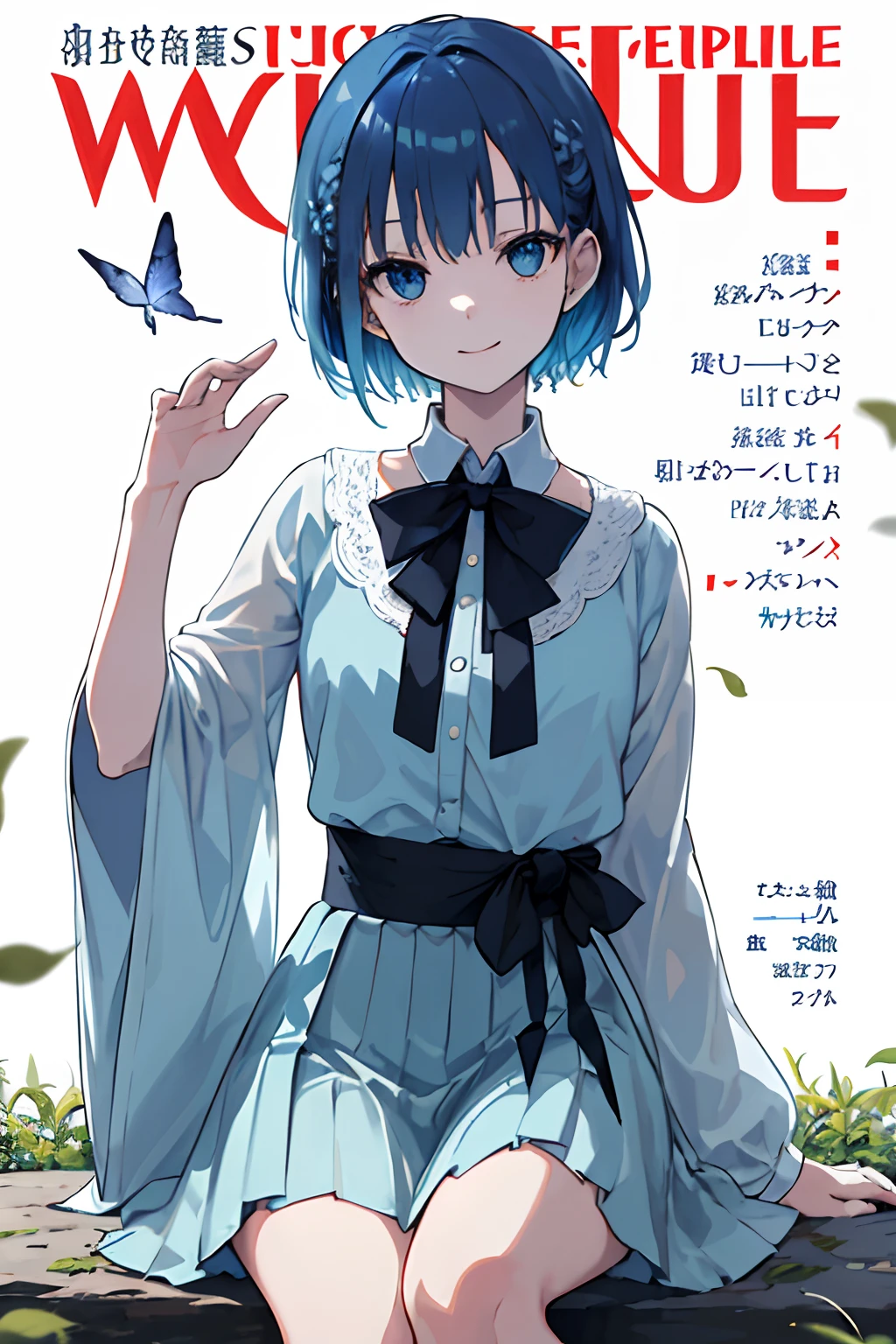 ((masterpiece)), deadpan, (((top-quality))), ((illustratio)),
1girl in,, ((独奏)), (详细的脸), (Beautiful details), Bright eye, blue eyess, ((dishevled hair)),
a smile、blank stare、sitting on、((Facing to the side))、
Bow Tie Hair Band、White transparent long skirt、noble、mystical、
Bright background、the woods、naturey、Sunshine through leaves、butterflys、a river、Write、
(magazine:1.3), (cover-style:1.3), Fashionable, femele, with a vibrant, outfits, the pose, the front, Colorful, Dynamic, Background with, element, I'm confident, expresive, ngel, statement, accessorized, An majestic, coiled, surroundings, touch, The scene, Texto, covers, It's bold, captures the attention, titles, stylish, font, Catchy, headline, The large, impressive, moderno, Trendy, focus, lo fashion,girj blue hair short hair