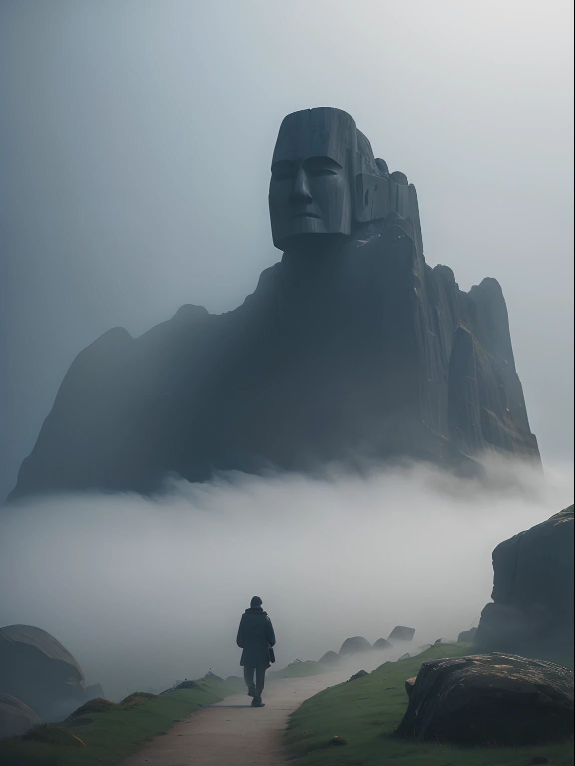 Faint hint of a lonely wanderer walking in the direction of an ridiculous enormously gigantic stone sculpture of a face in the distant mist and fog, cinematic