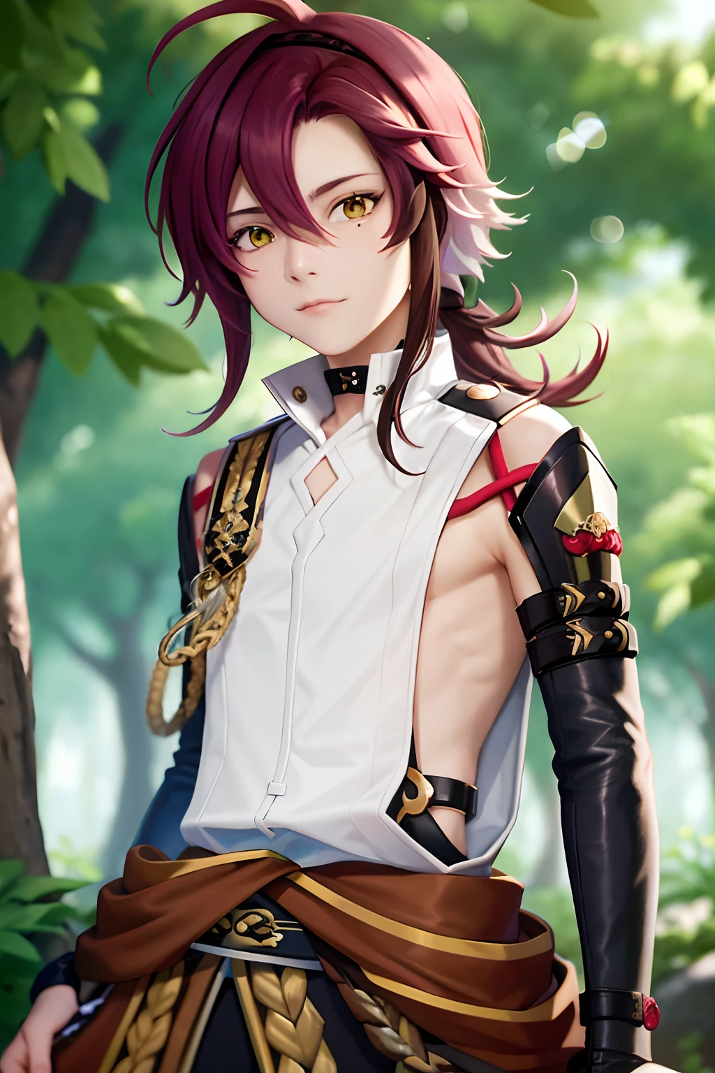 masterpiece, best quality,Shikanoin Heizou (genshin impact), 1boy, male focus, kurokote, green eyes, kote, multicolored hair, mole under eye, red hair, solo, mole, black choker, japanese armor, looking at viewer, choker, armor, streaked hair, aiguillette, sleeveless, ahoge, long hair, low ponytail, (grey background:1.4),(kbxll:0.6)