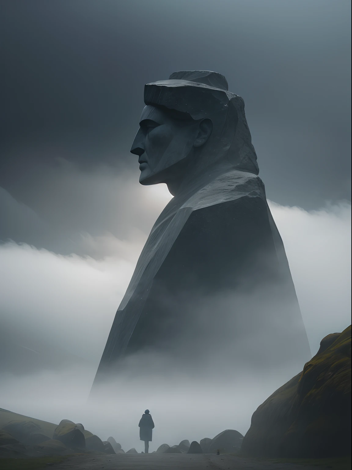 Faint hint of a lonely wanderer walking in the direction of an ridiculous enormously gigantic stone sculpture of a face in the distant mist and fog, cinematic