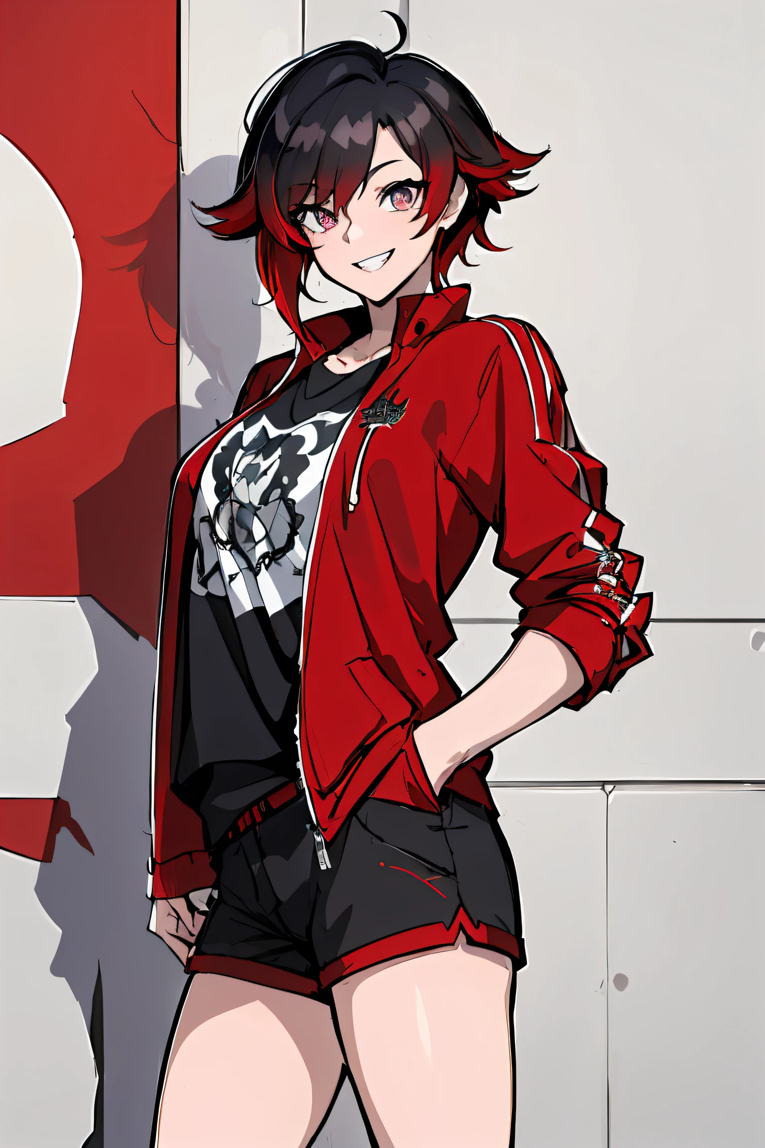 (absurdres, 8k, 4k, masterpiece, hyper extreme detailed:1.2), ((masterpiece,best quality)), absurdres, Ruby_RWBY, solo, looking at viewer, smiling, ruby rose, casualwear, shirt, jacket, hands in pockets, smile, red gradients, black hair, silver eyes, graphic t-shirt, shorts,