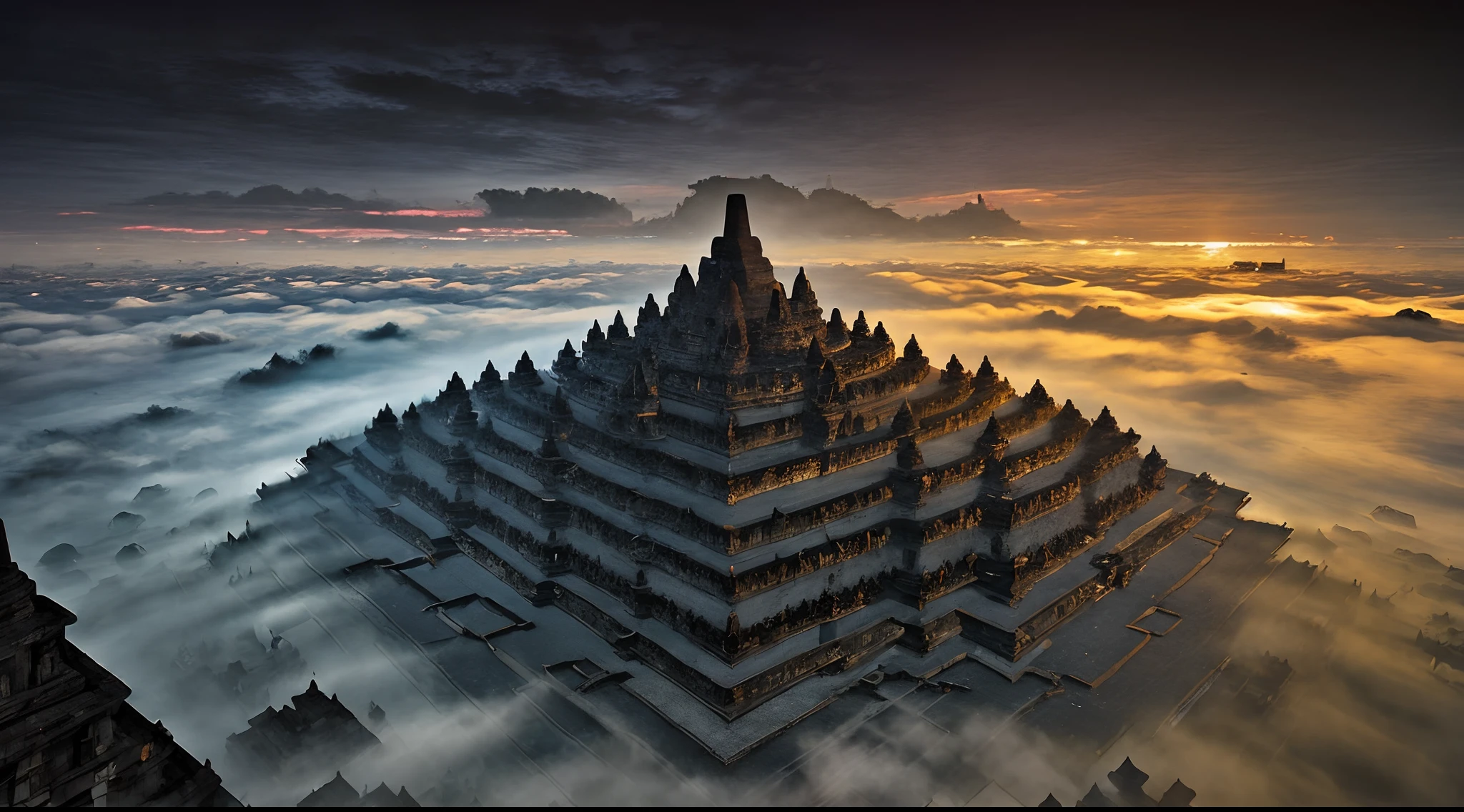 (masterpiece), (realistic), (cyberpunk style), portrait of candi buddha building complex, epic, fog, dawn, dramatic lighting, modern, mid of metropolitan,