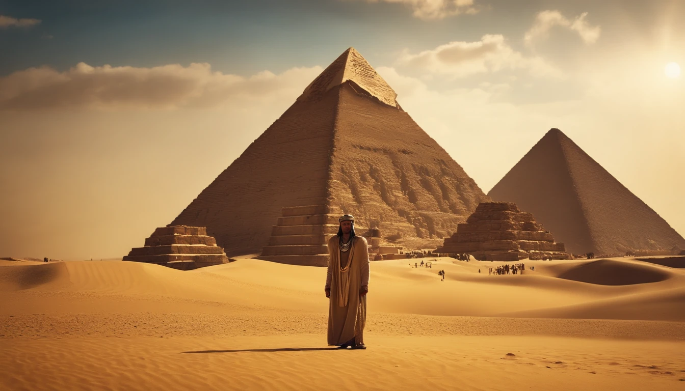 Pharaoh standing in front of the pyramids, Very bright colors, Light particles, with light glowing, Mshiff, UHD