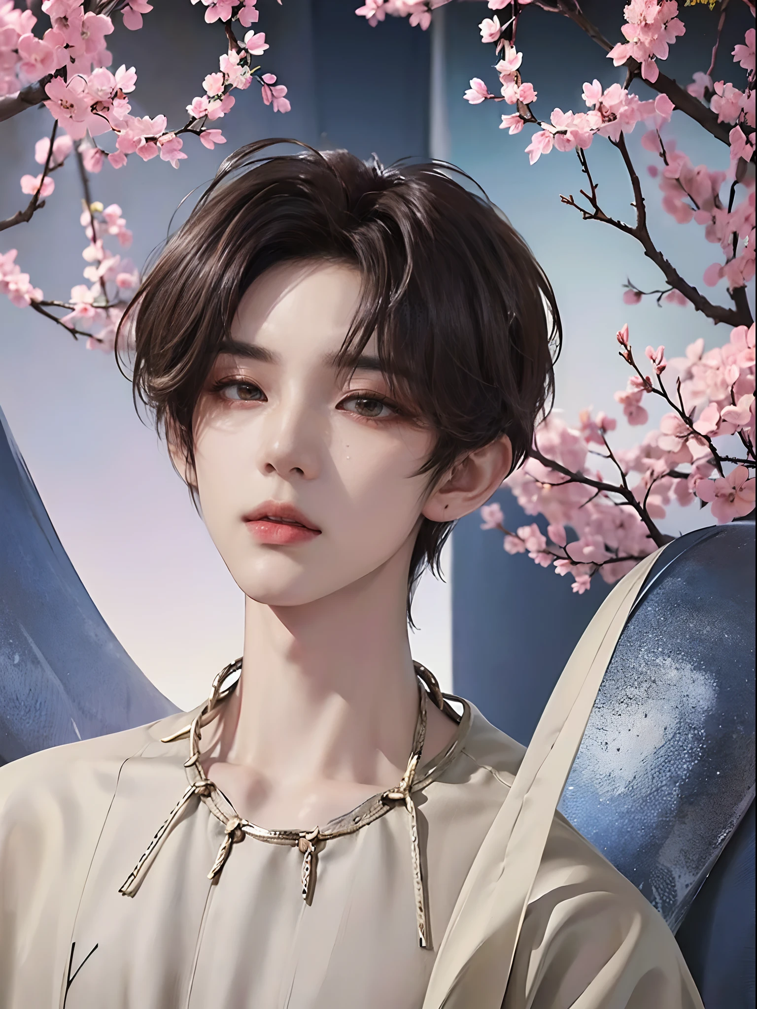 ((4K works))、masterpiece、(top-quality)、((high-level image quality))、One Manly Boy、Slim body、((Fashionable fantasy fashion))、(Detailed beautiful eyes)、((Model Magazines))、Face similar to Chaewon in Ruseraphim、((short hair above the ears))、((Smaller face))、((Neutral face))、((Light brown eyes))、((Korean boy))、((18year old))、((Handsome man))、((A charming expression))、((Korean Makeup))、((elongated and sharp eyes))、((Photographed so that the whole body can be seen))、((Focus zoom out))、((Model Magazine Cover))、((model poses))、((Model photo))、Professional Photos、((Magazine covers))