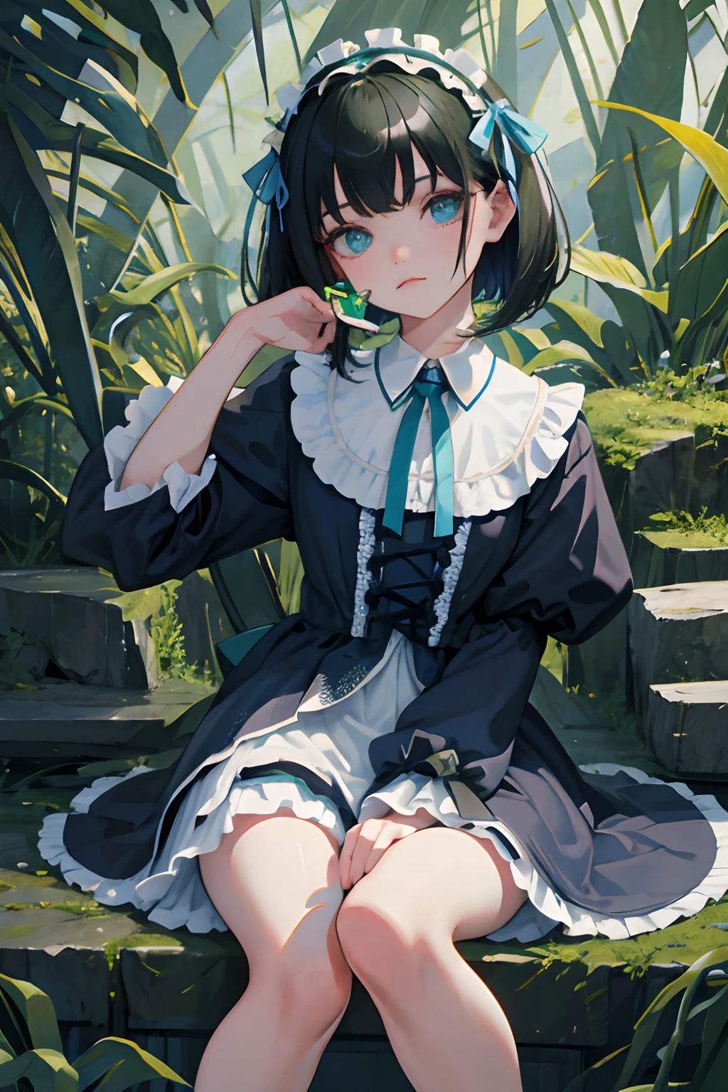 hand between legs，child，（​masterpiece，Highest Quality），shortsleeves，Blue-green Gothic ta，Sleepy face，A dark-haired，Medium bob，flipped hair，utility knife，Small scissors，the woods