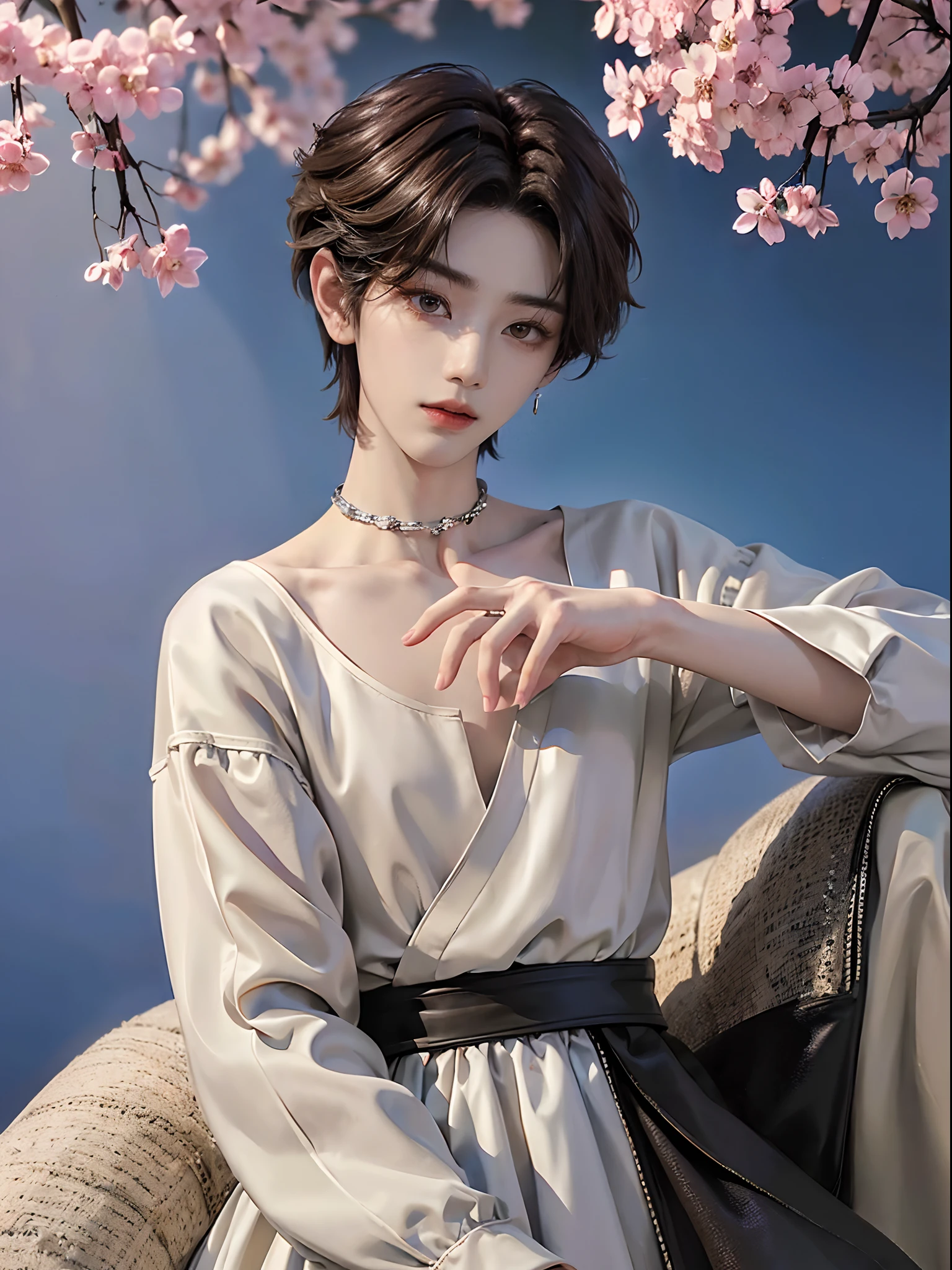 ((4K works))、​masterpiece、（top-quality)、((high-level image quality))、One Manly Boy、Slim body、((Fashionable fantasy fashion))、(Detailed beautiful eyes)、((Model Magazines))、Face similar to Chaewon in Ruseraphim、((short hair above the ears))、((Smaller face))、((Neutral face))、((Light brown eyes))、((Korean boy))、((18year old))、((Handsome man))、((A charming expression))、((Korean Makeup))、((elongated and sharp eyes))、((Photographed so that the whole body can be seen))、((Focus zoom out))、((Model Magazine Cover))、((model poses))、((Model photo))、Professional Photos、((Magazine covers))