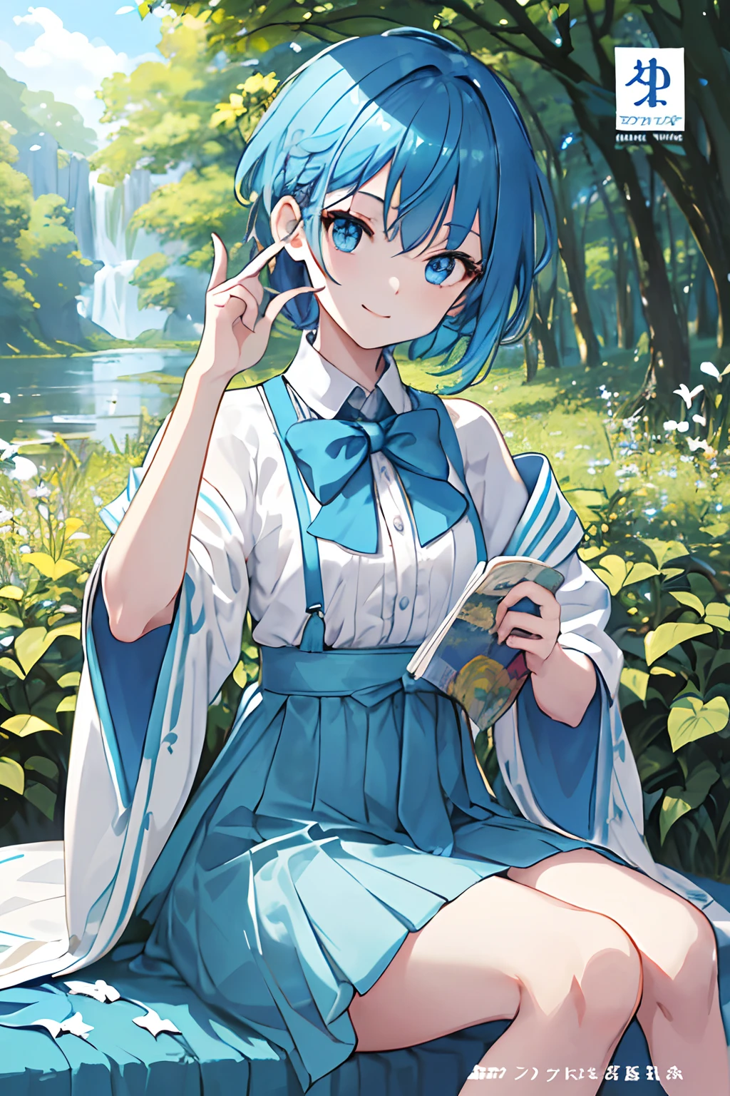 ((masterpiece)), deadpan, (((top-quality))), ((illustratio)),
1girl in,, ((独奏)), (详细的脸), (Beautiful details), Bright eye, blue eyess, ((dishevled hair)),
A smile、blank stare、sitting on、((Facing to the side))、
Bow Tie Hair Band、White transparent long skirt、noble、Mystical、
Bright background、the woods、naturey、Sunshine through the leaves、butterflys、a river、write、
(magazine:1.1), (cover-style:1.1), Fashionable, femele, with a vibrant, outfits, the pose, the front, Colorful, Dynamic, Background with, element, I'm confident, expresive, ngel, statement, accessorized, An majestic, coiled, surroundings, Touch, The scene, Texto, covers, It's bold, captures the attention, Titles, Stylish, Catchy, headline, The large, Impressive, moderno, Trendy, Focus, lo fashion,Gilji Bluehair Shorthair、girj blue hair short hair