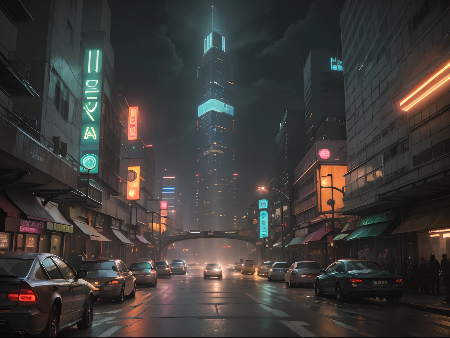 Cyberpunk Blade Runner cityscape street scene with towering skyscrapers, ((glowing neon signs)) and LED lights, traffic with (futuristic cyberpunk cars) and flying cars in the sky, bright colors contrasting with dark atmosphere, (cinematic lighting), extremely detailed.