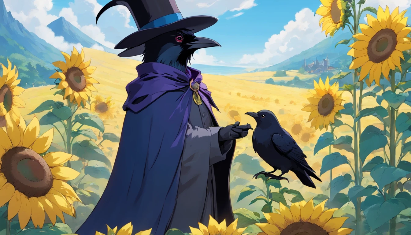 a raven wearing a top hat, holding a sunflower in its beak, while standing next to a black bunny wearing a cloak.