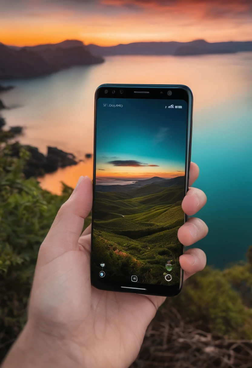 mockup smartphone s23 no meio de uma rodovia com paisagem boa