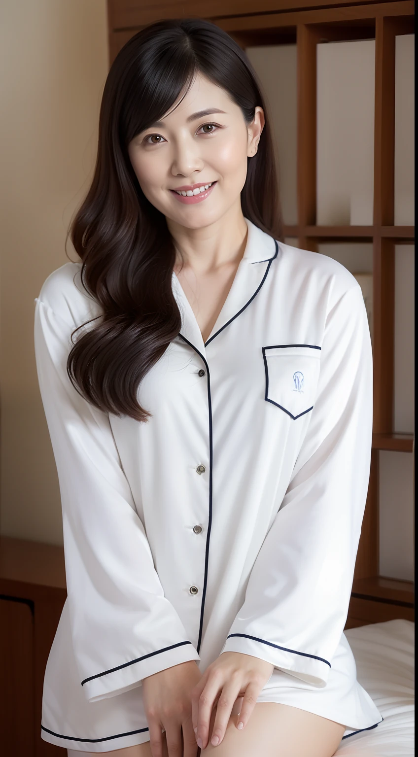 Masterpiece,Best quality, (maam. clerk:1), ((Portrait:1.3)), Cross arms, Smile,Deep V-neck pajamas temptation,Long legs,skin hyper-detail,Clear pores,in a panoramic view,Cocked buttocks,black lence stockings,Beautiful young Japanese woman over 40 years old, Perfect face, Fantastic look, (Detailed facial features), Clean and nice face