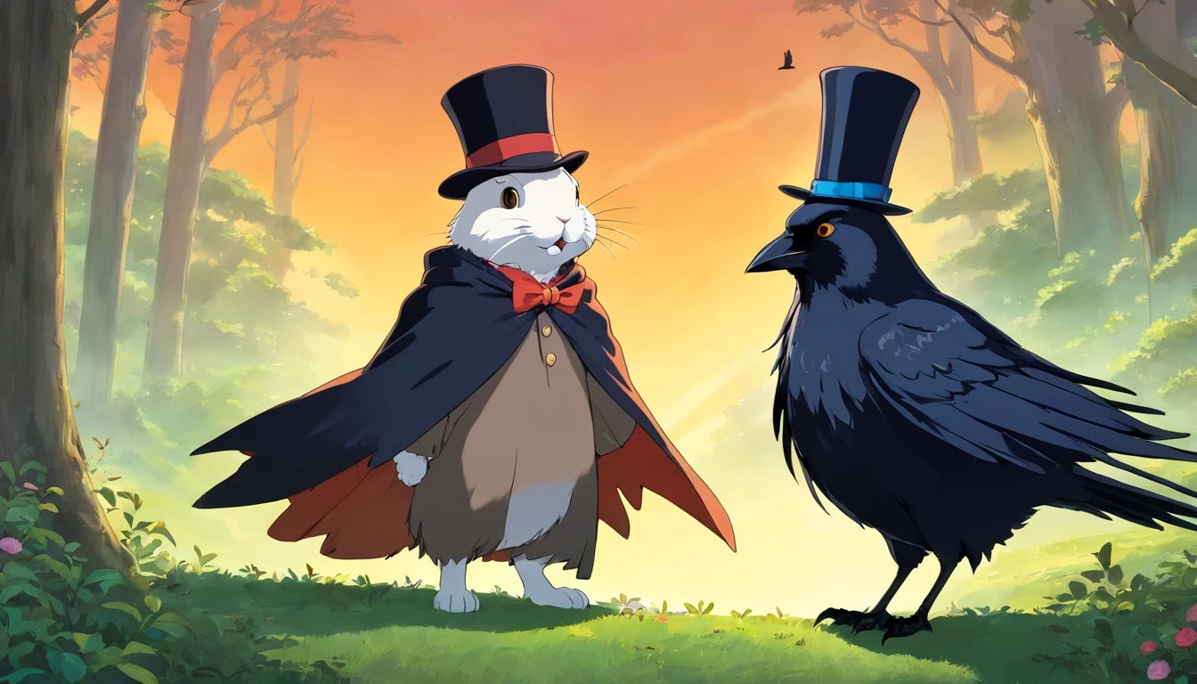 a bunny wearing a cloak and a crow wearing a top hat, standing next to each other.