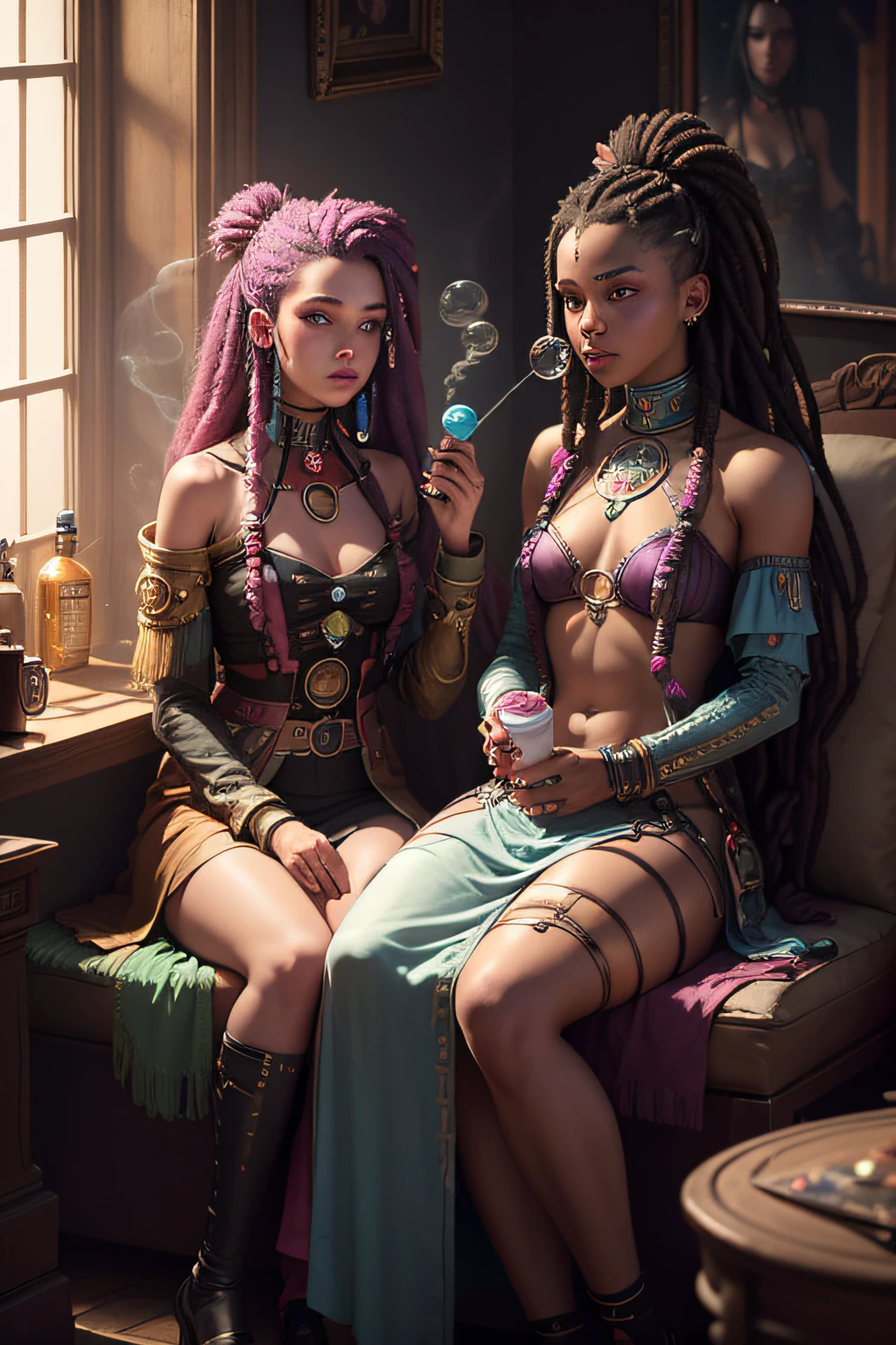 There are two women with dreadlocks blowing bubbles into a dark room, Darius Zawadzki et Tom Bagshaw, Un adolescent biopunk cyborg, psychedelic colorization, Smoking containers, 3D rendering of a shaman, oxygen mask, beautiful gemini twins, Soufflage de bubblegum, Mode hippie