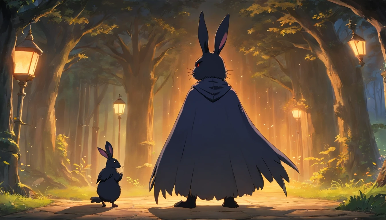 a black bunny wearing a cloak and a crow wearing a top hat, standing next to each other.