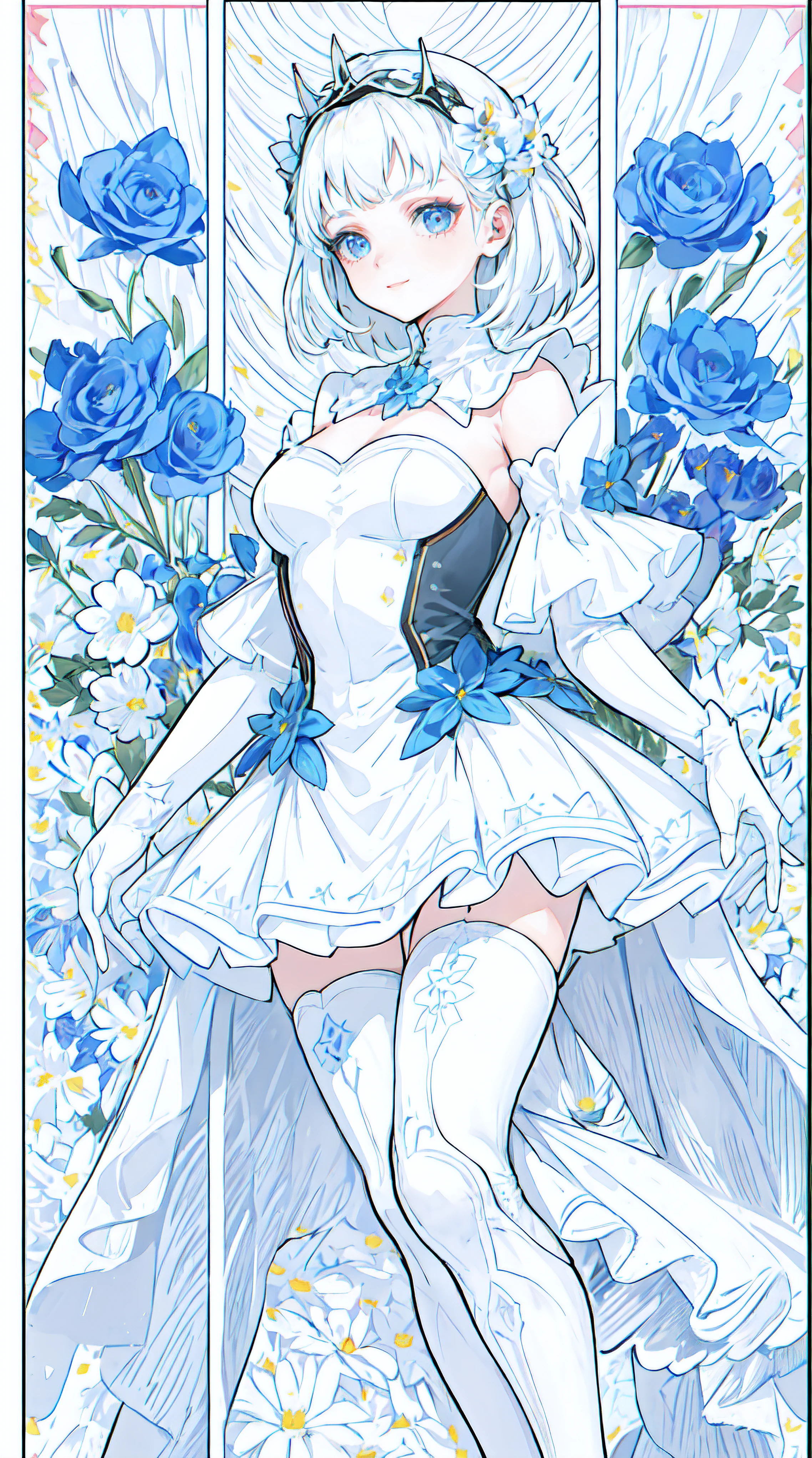 comic book style, ((white theme:1.75)),((best quality)), ((masterpiece)), ((ultra-detailed)), (illustration), (detailed light), (an extremely delicate and beautiful),incredibly_absurdres,(glowing),(1girl:1.7),solo,a beautiful girl,(((cowboy shot))),standding,((Hosiery)),((beautiful dress+stocking):1.25),((Belts)),(leg loops),((flower headdress)),((short white hair)),(((beautiful blue eyes))),((english text)),(flower:1.65),(rose),(garden),(((border:1.75))),