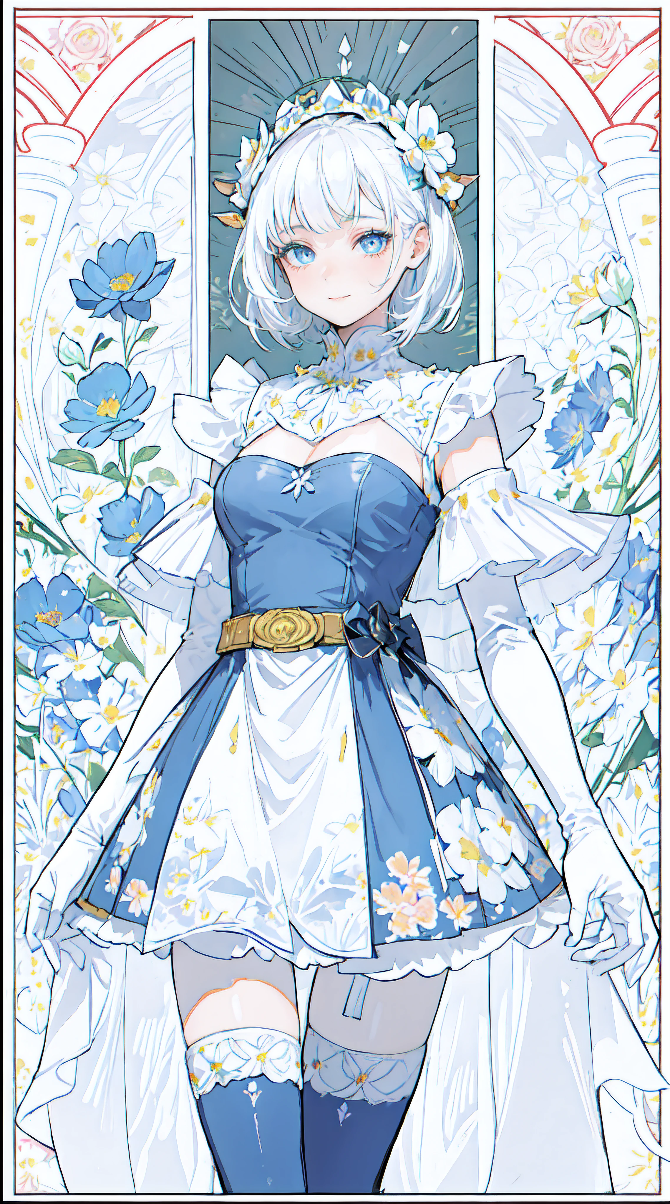 comic book style, ((white theme:1.75)),((best quality)), ((masterpiece)), ((ultra-detailed)), (illustration), (detailed light), (an extremely delicate and beautiful),incredibly_absurdres,(glowing),(1girl:1.7),solo,a beautiful girl,(((cowboy shot))),standding,((Hosiery)),((beautiful dress+stocking):1.25),((Belts)),(leg loops),((flower headdress)),((short white hair)),(((beautiful blue eyes))),((english text)),(flower:1.65),(rose),(garden),(((border:1.75))),
