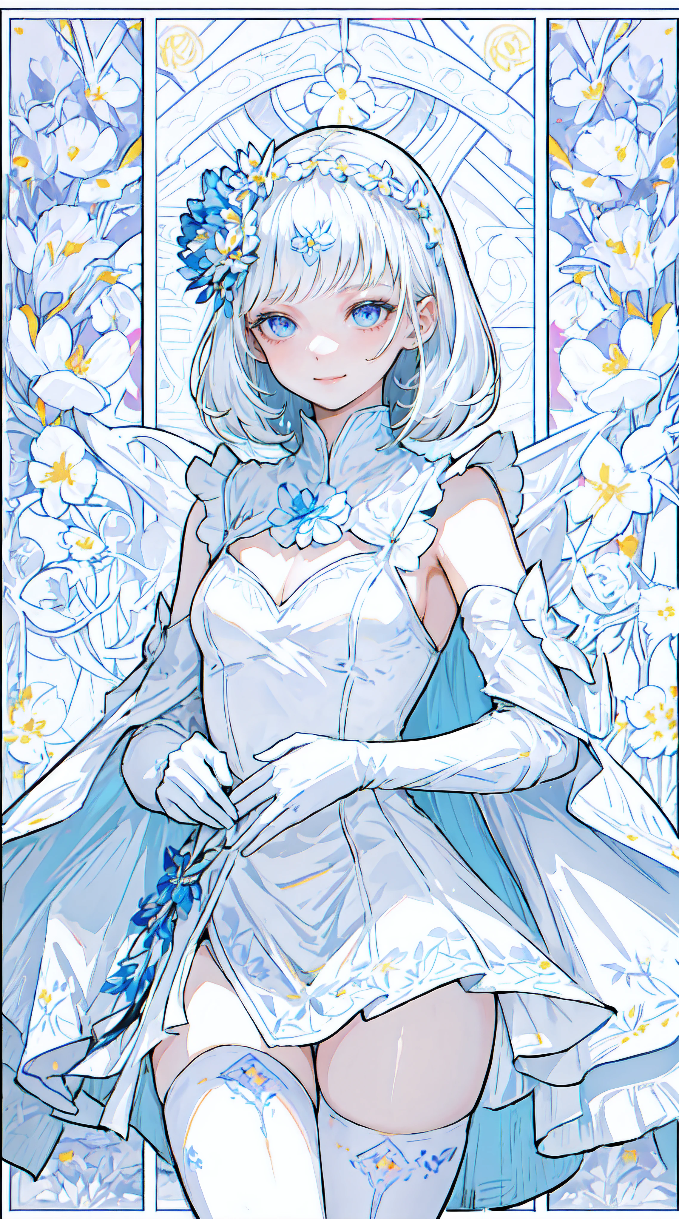 comic book style, ((white theme:1.75)),((best quality)), ((masterpiece)), ((ultra-detailed)), (illustration), (detailed light), (an extremely delicate and beautiful),incredibly_absurdres,(glowing),(1girl:1.7),solo,a beautiful girl,(((cowboy shot))),standding,((Hosiery)),((beautiful dress+stocking):1.25),((Belts)),(leg loops),((flower headdress)),((short white hair)),(((beautiful blue eyes))),((english text)),(flower:1.65),(rose),(garden),(((border:1.75))),