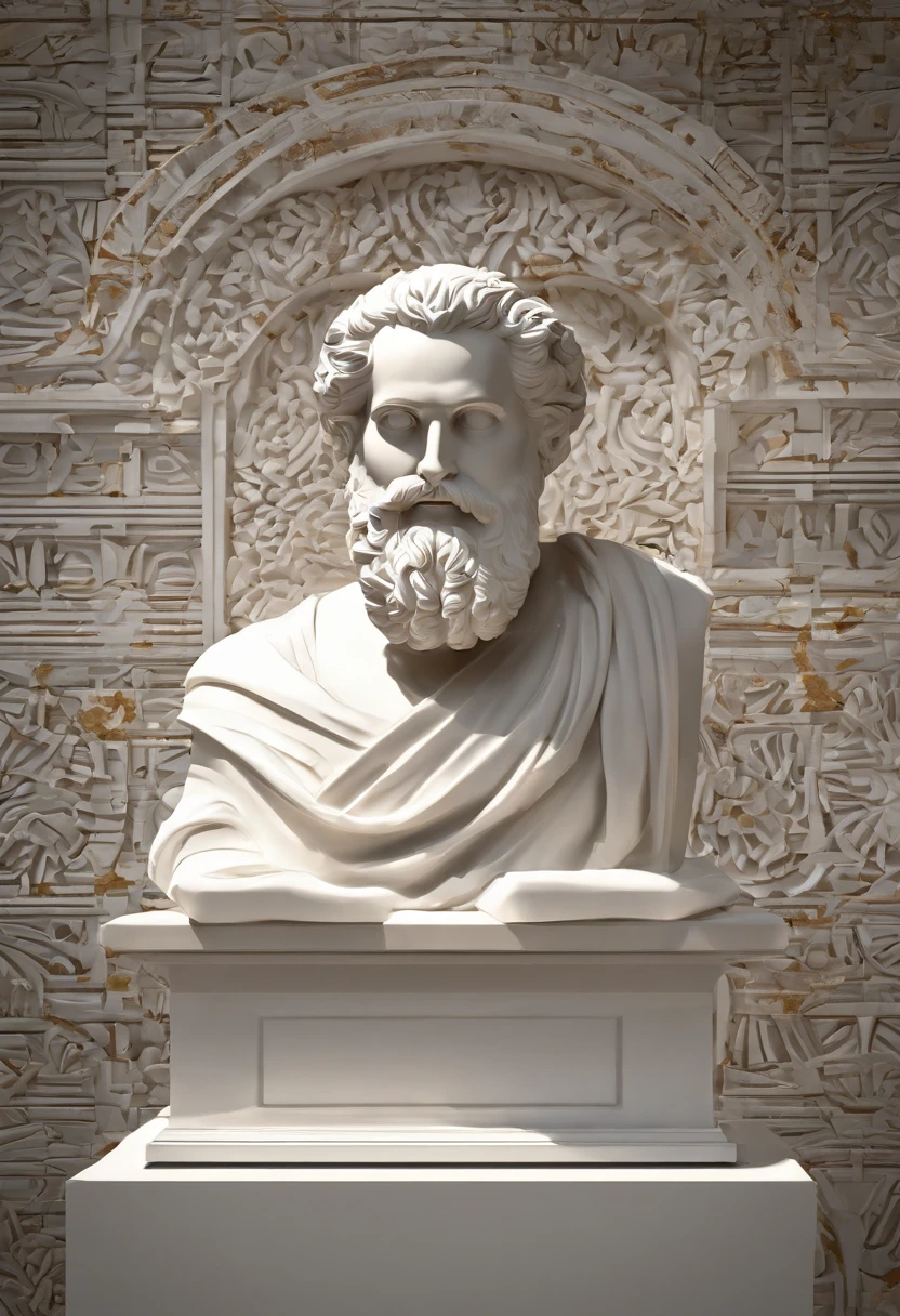 White marble statue of the bust of the wise man with the style of the bearded Greek philosopher in the museum. atmosfera escura, alto contraste de luz e sombra, fotografia profissional, utrarealista, light volumetric, cinemactic