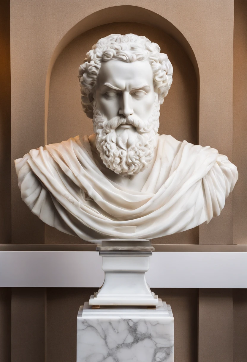 White marble statue of the bust of the wise man with the style of the bearded Greek philosopher in the museum. atmosfera escura, alto contraste de luz e sombra, fotografia profissional, utrarealista, light volumetric, cinemactic