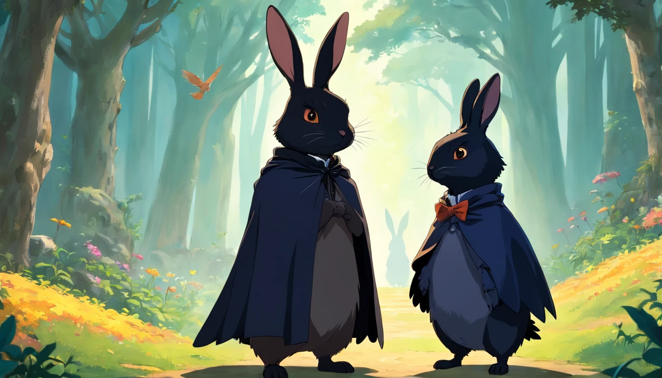 a black bunny wearing a cloak and a crow wearing a top hat, standing next to each other.